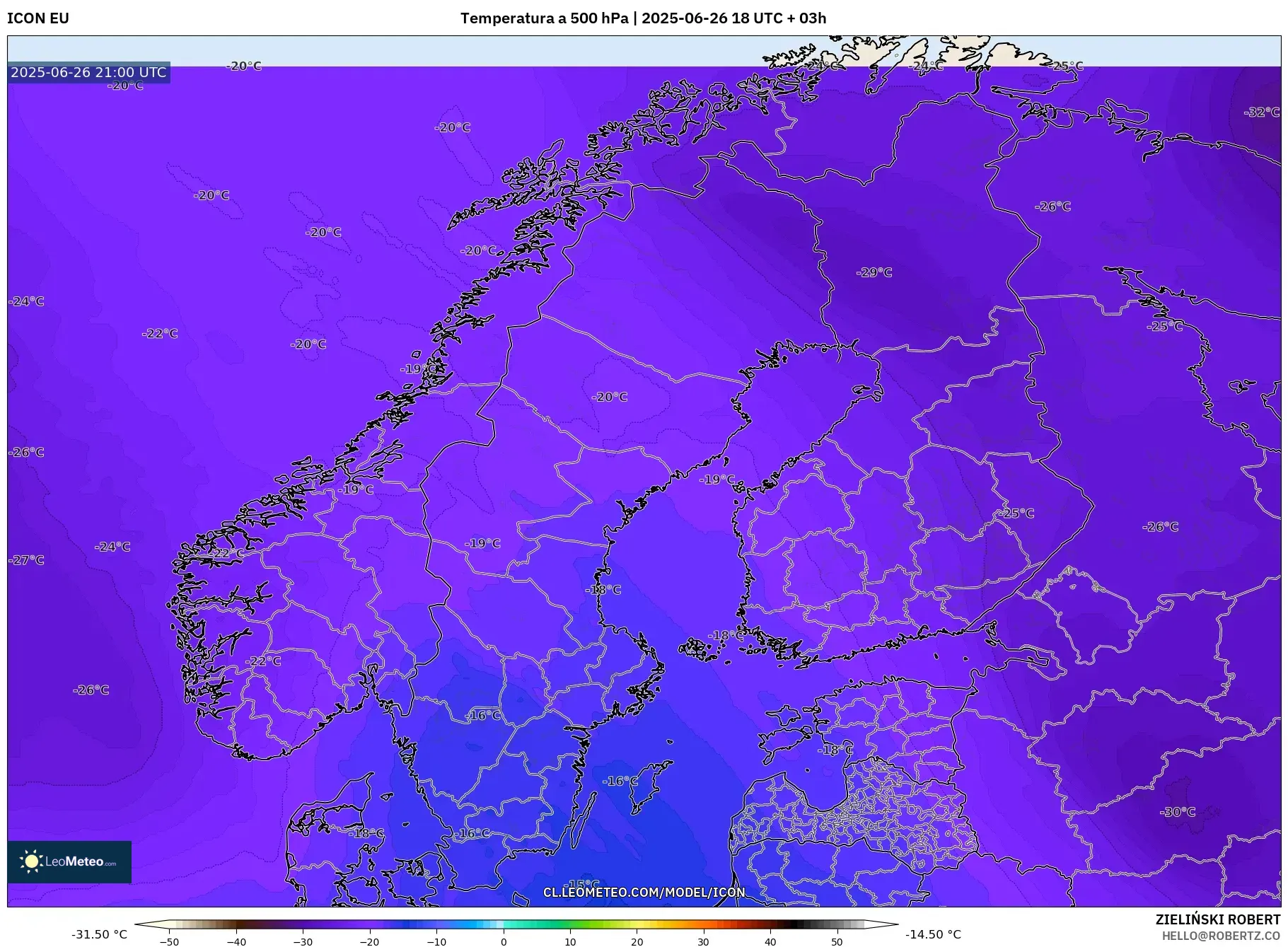 ICON model - Escandinavia, Temperatura a 500 hPa ICON model - Escandinavia, Temperatura a 500 hPa