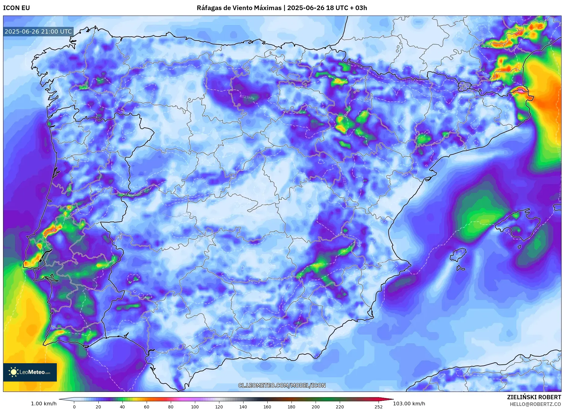 ICON model - España, Ráfagas de Viento Máximas ICON model - España, Ráfagas de Viento Máximas
