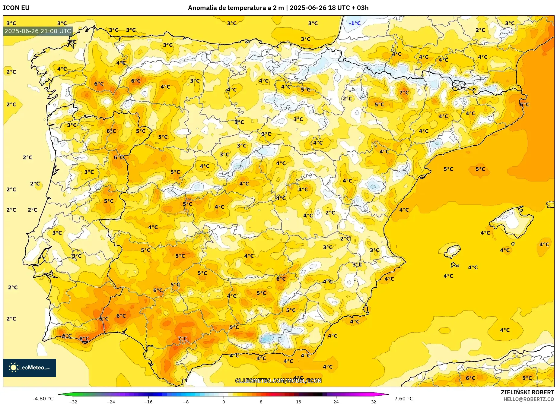ICON model - España, Anomalía de temperatura a 2 m ICON model - España, Anomalía de temperatura a 2 m