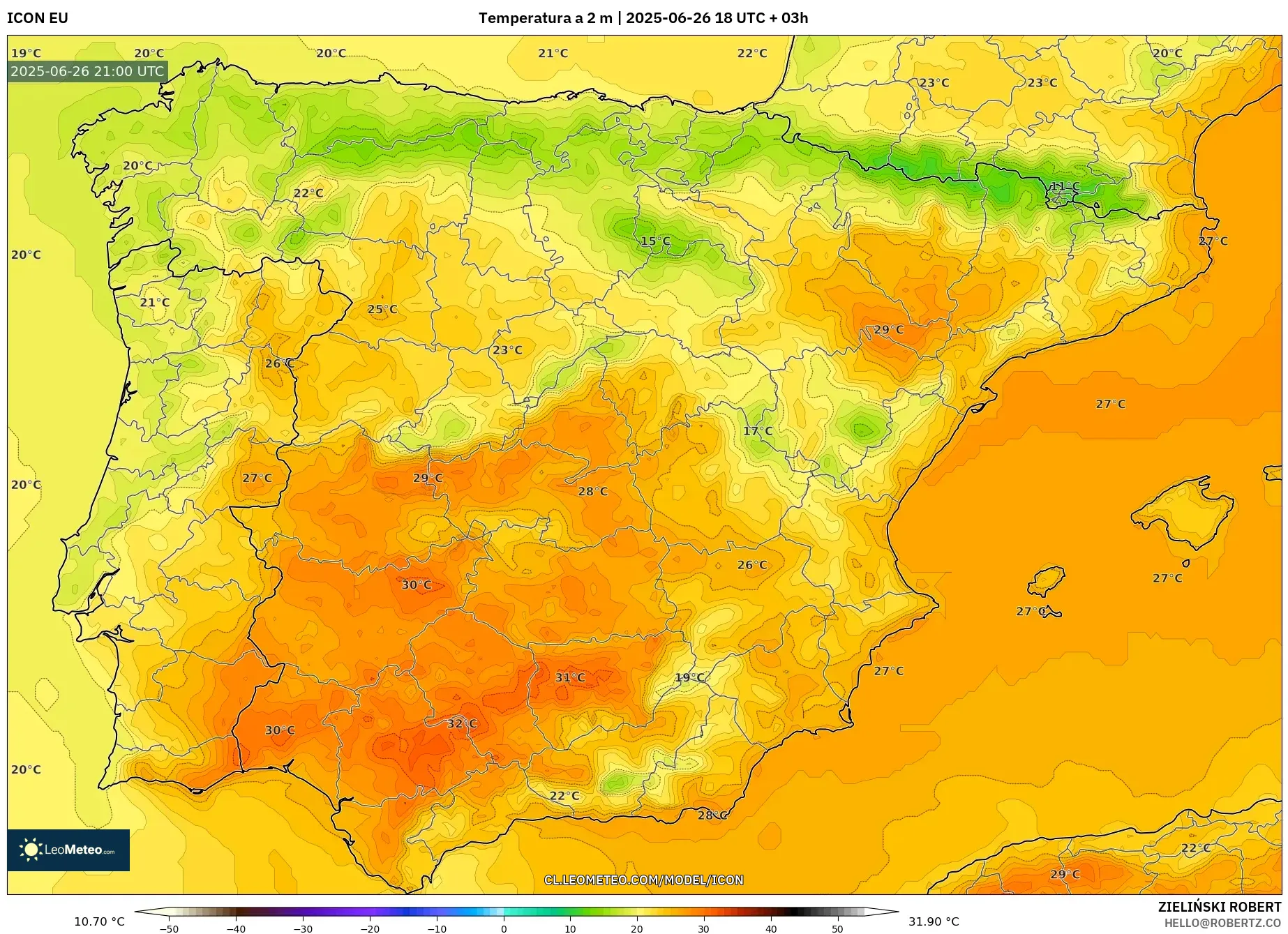 ICON model - España, Temperatura a 2 m ICON model - España, Temperatura a 2 m