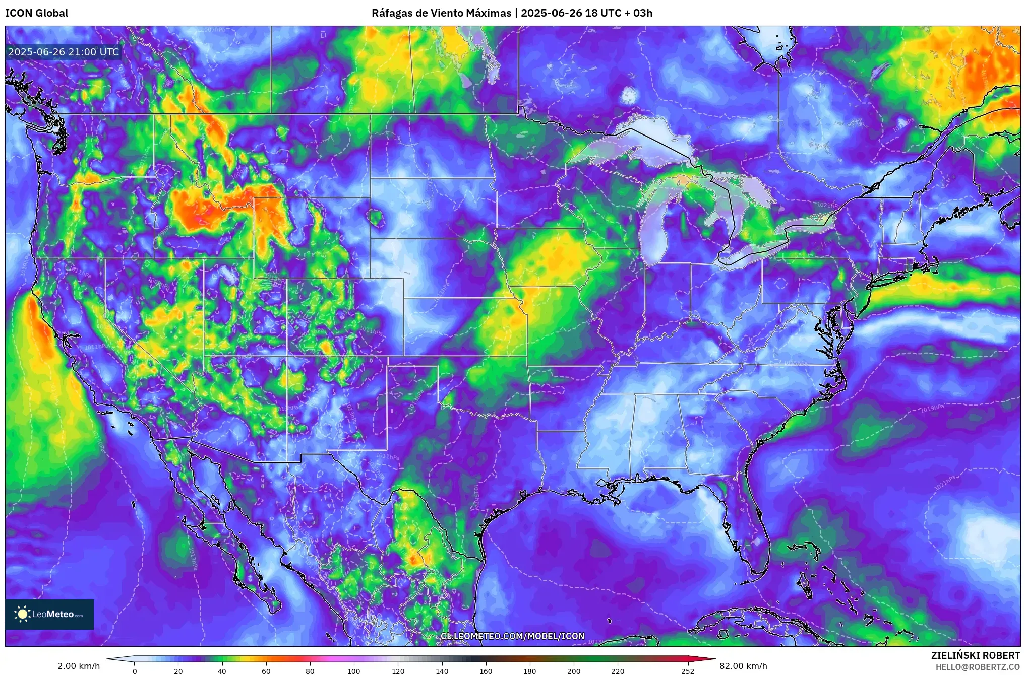 ICON model - Estados Unidos, Ráfagas de Viento Máximas ICON model - Estados Unidos, Ráfagas de Viento Máximas