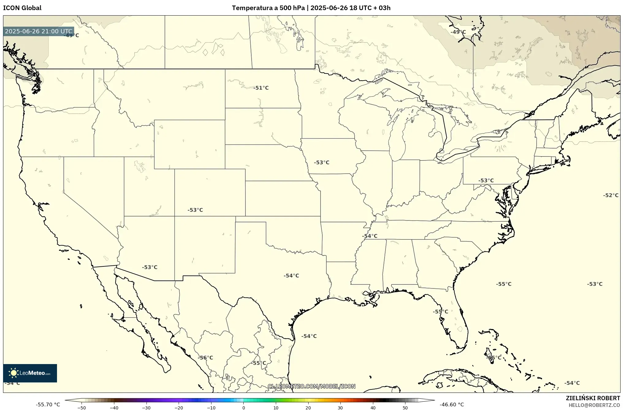 ICON model - Estados Unidos, Temperatura a 500 hPa ICON model - Estados Unidos, Temperatura a 500 hPa