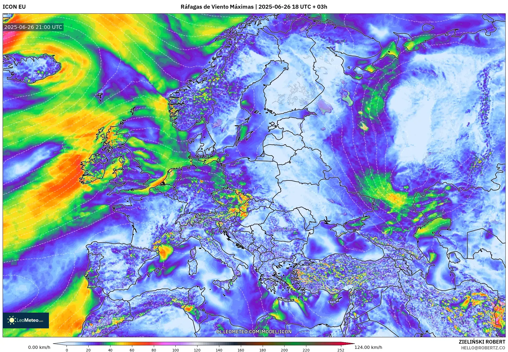 ICON model - Europa, Ráfagas de Viento Máximas ICON model - Europa, Ráfagas de Viento Máximas