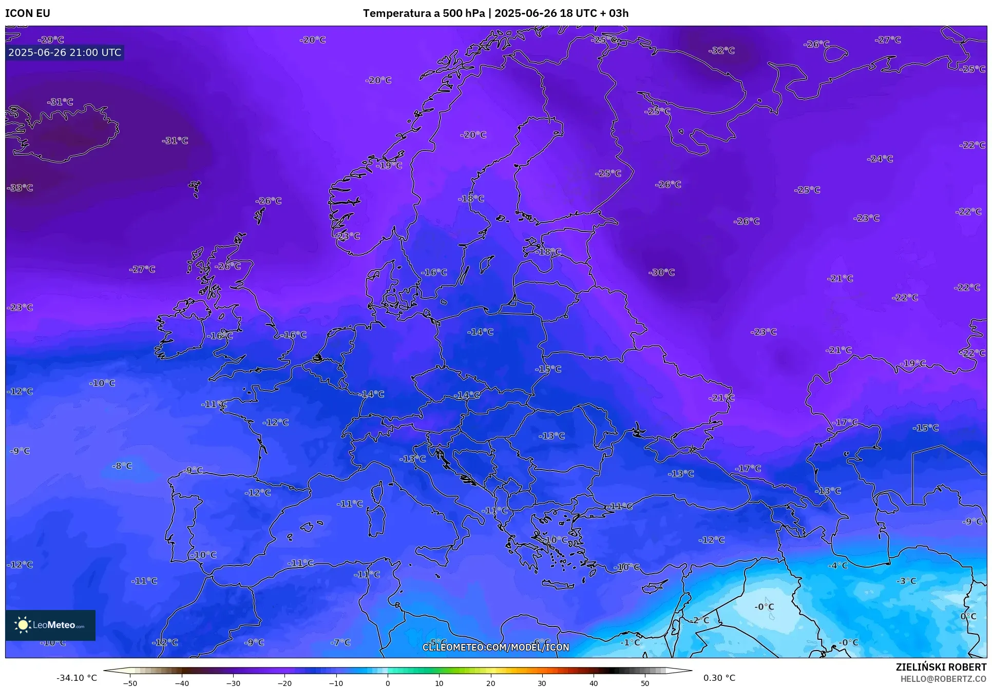ICON model - Europa, Temperatura a 500 hPa ICON model - Europa, Temperatura a 500 hPa