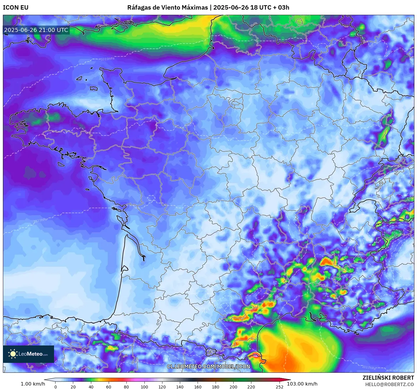 ICON model - Francia, Ráfagas de Viento Máximas