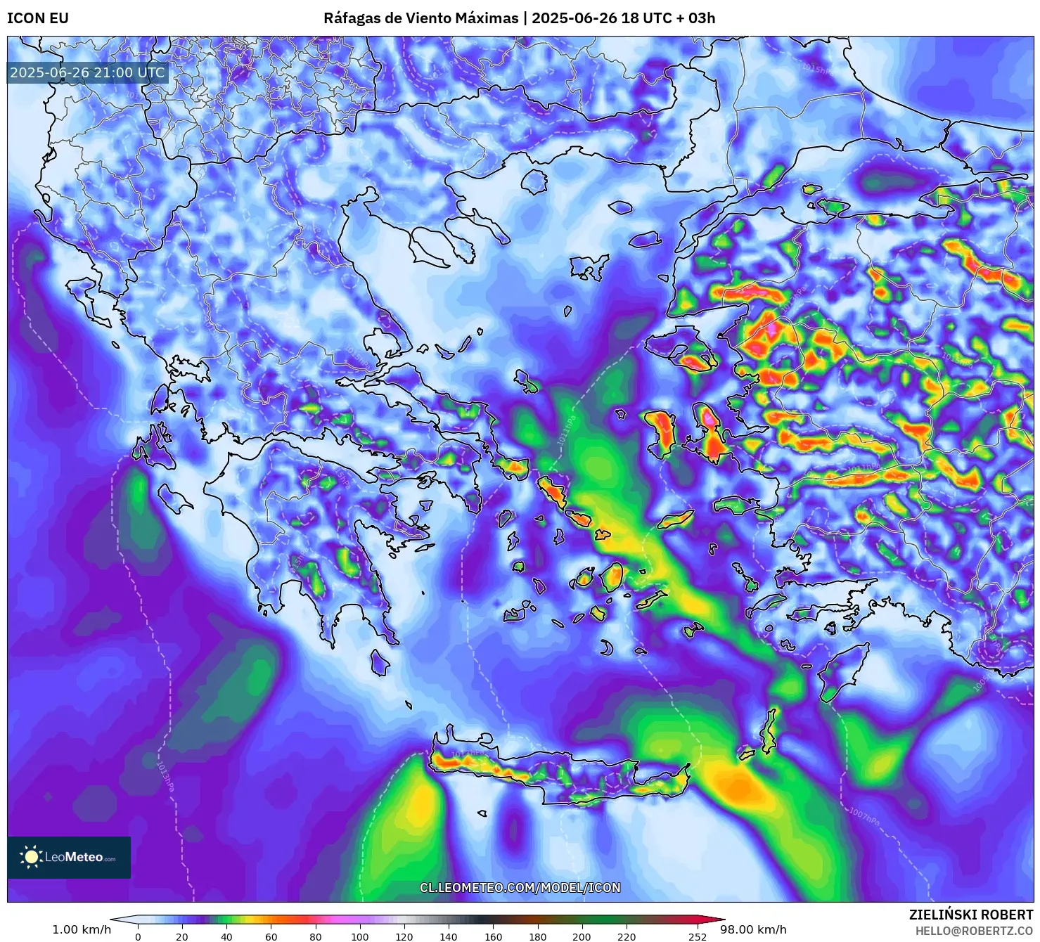 ICON model - Grecia, Ráfagas de Viento Máximas ICON model - Grecia, Ráfagas de Viento Máximas