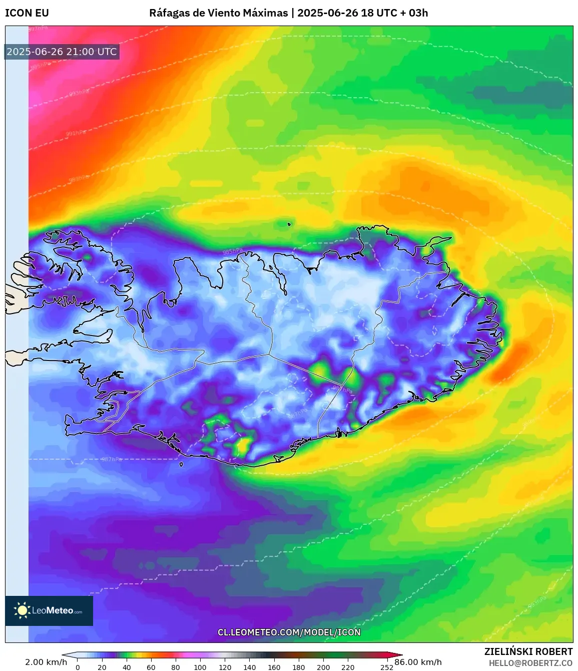 ICON model - Islandia, Ráfagas de Viento Máximas