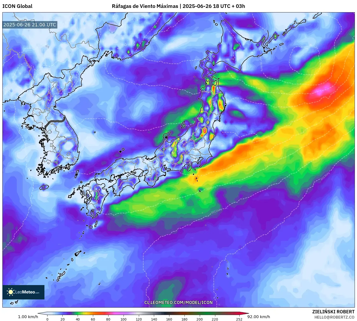 ICON model - Japón, Ráfagas de Viento Máximas ICON model - Japón, Ráfagas de Viento Máximas