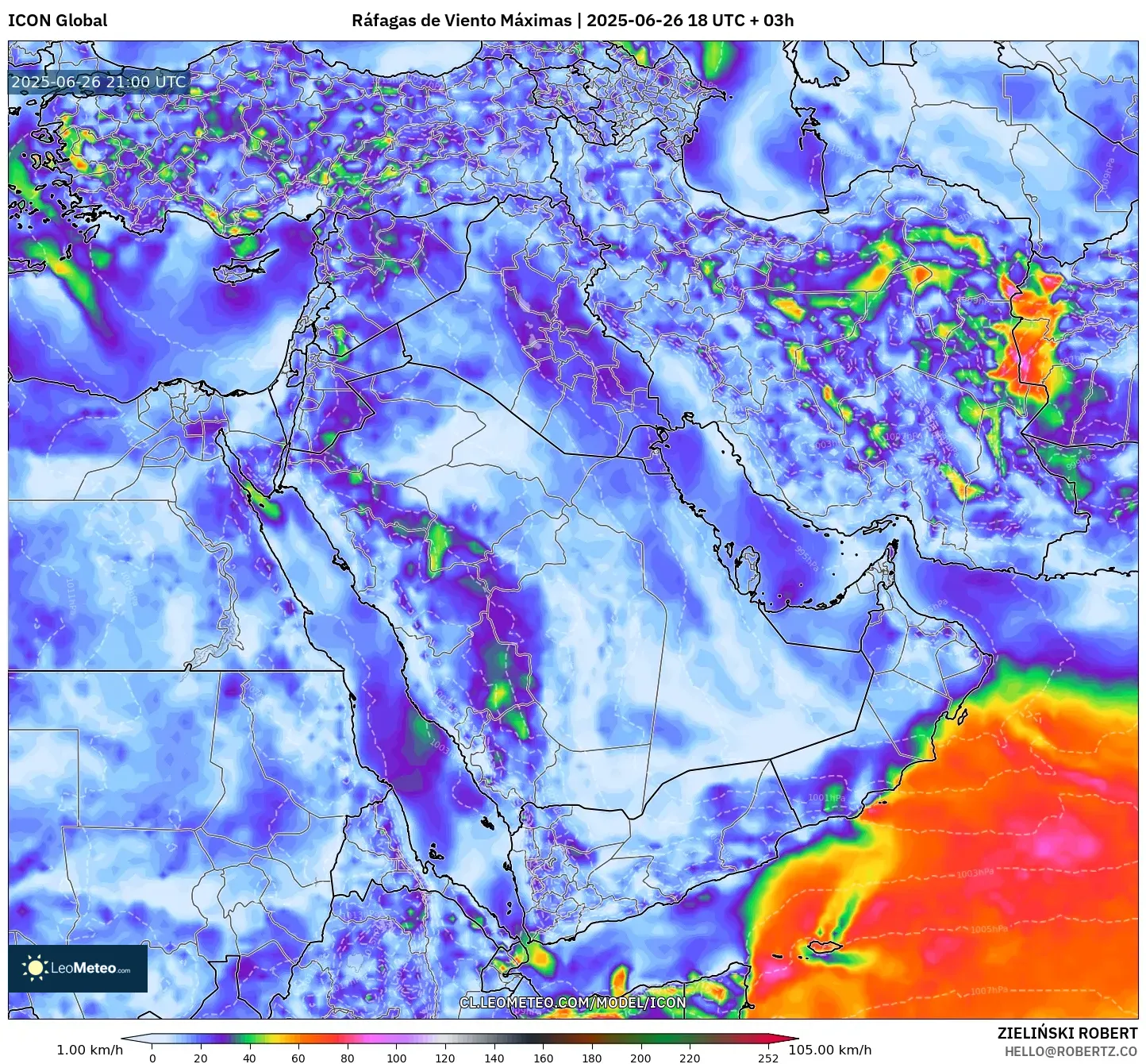 ICON model - Oriente Medio, Ráfagas de Viento Máximas ICON model - Oriente Medio, Ráfagas de Viento Máximas