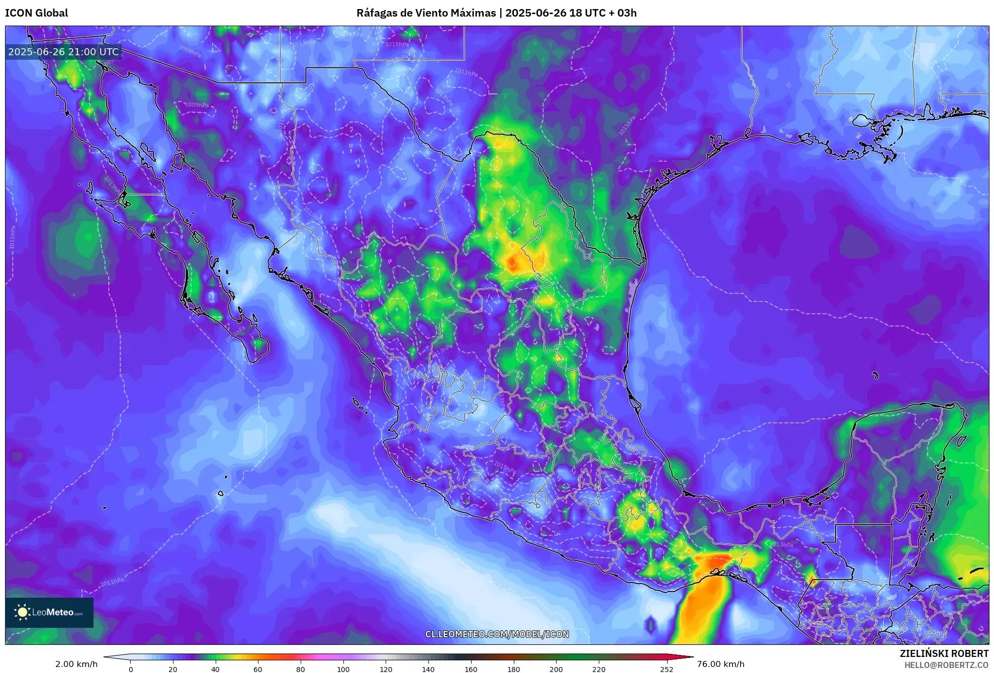 ICON model - México, Ráfagas de Viento Máximas ICON model - México, Ráfagas de Viento Máximas