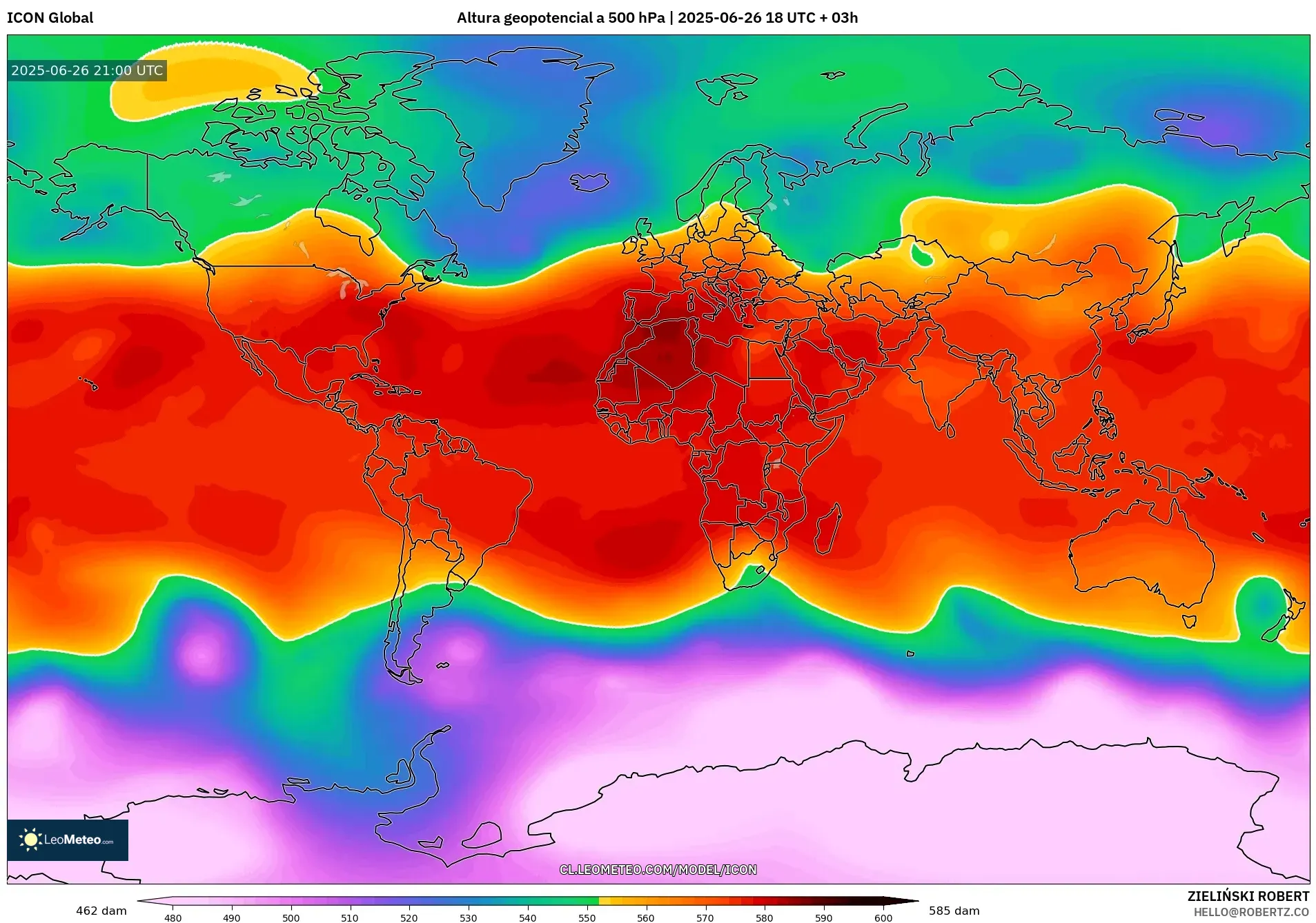 ICON model - Mundo, Altura geopotencial a 500 hPa