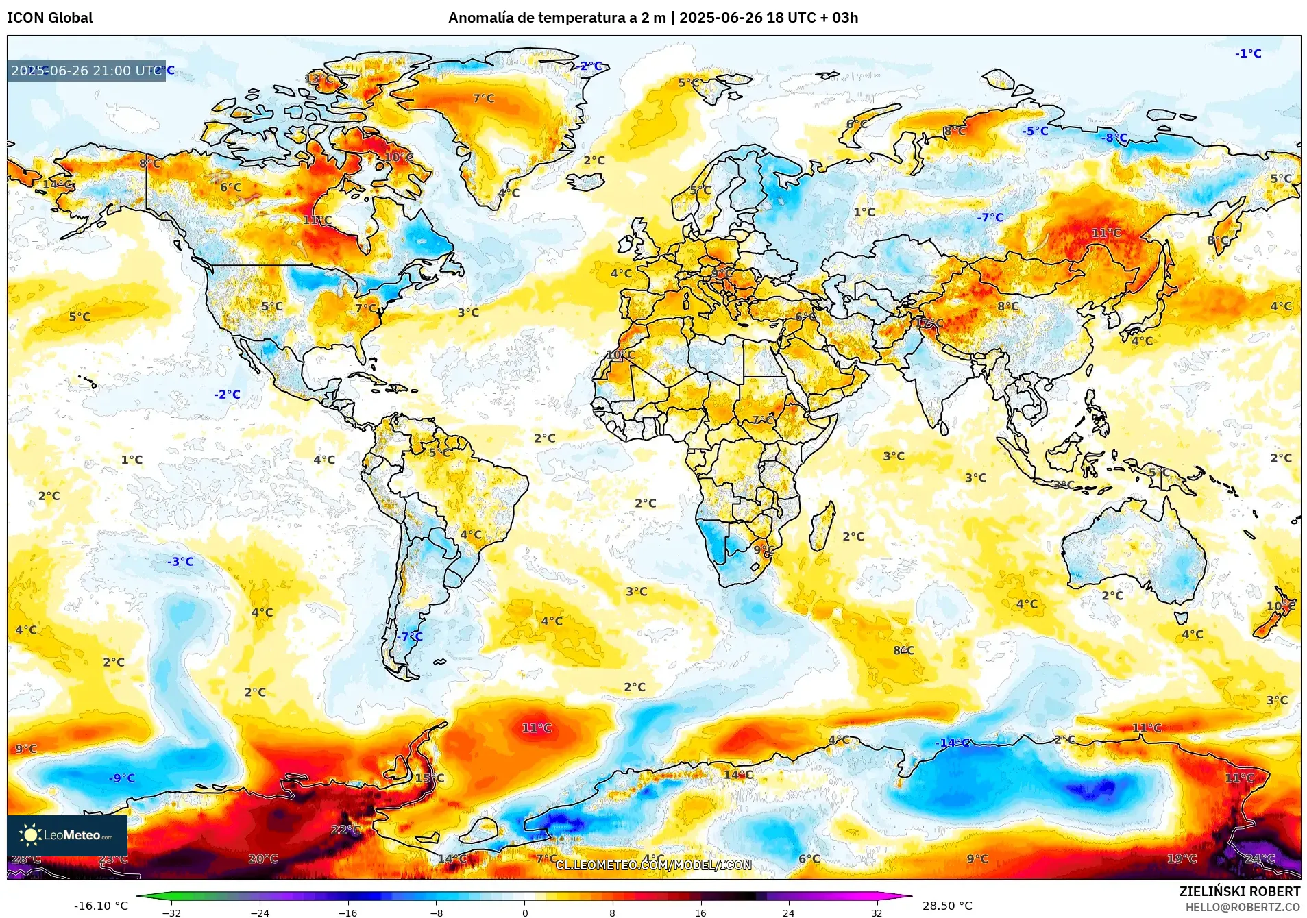 ICON model - Mundo, Anomalía de temperatura a 2 m ICON model - Mundo, Anomalía de temperatura a 2 m