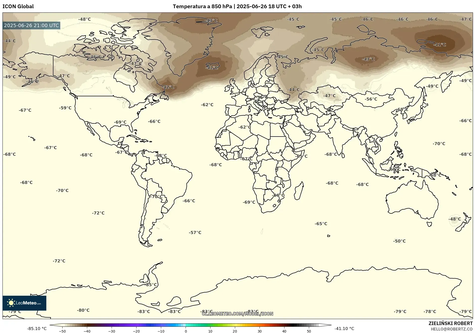 ICON model - Mundo, Temperatura a 850 hPa ICON model - Mundo, Temperatura a 850 hPa