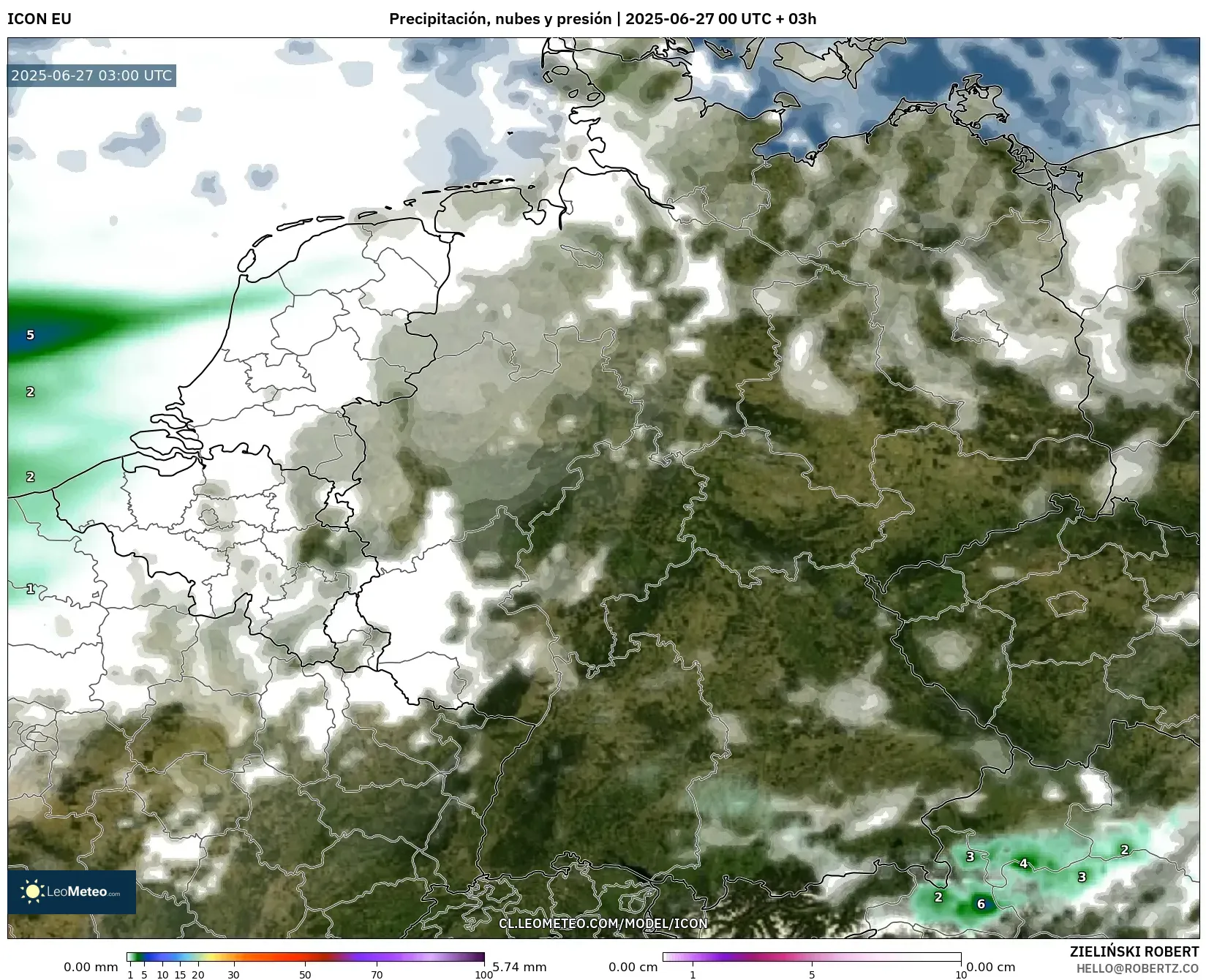 ICON model - Alemania, Precipitación, nubes y presión ICON model - Alemania, Precipitación, nubes y presión