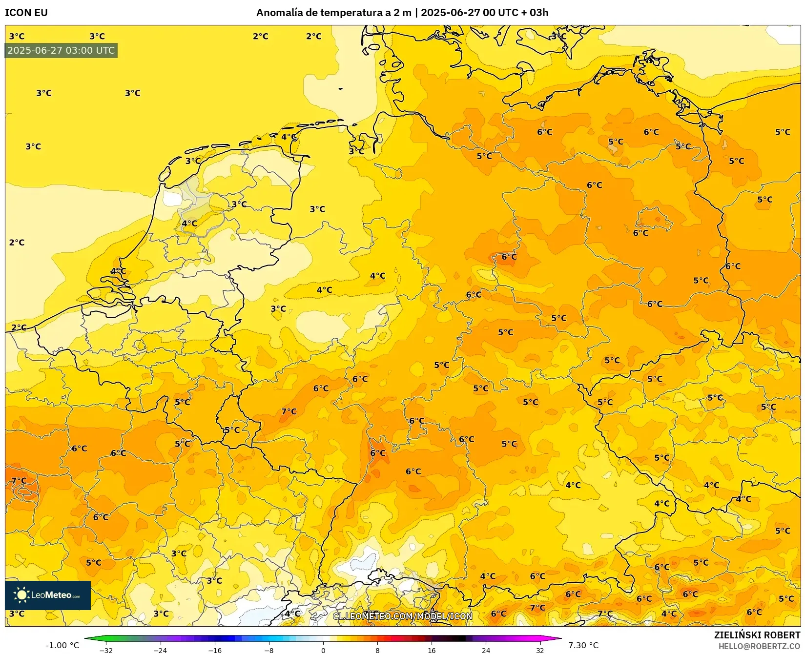 ICON model - Alemania, Anomalía de temperatura a 2 m ICON model - Alemania, Anomalía de temperatura a 2 m