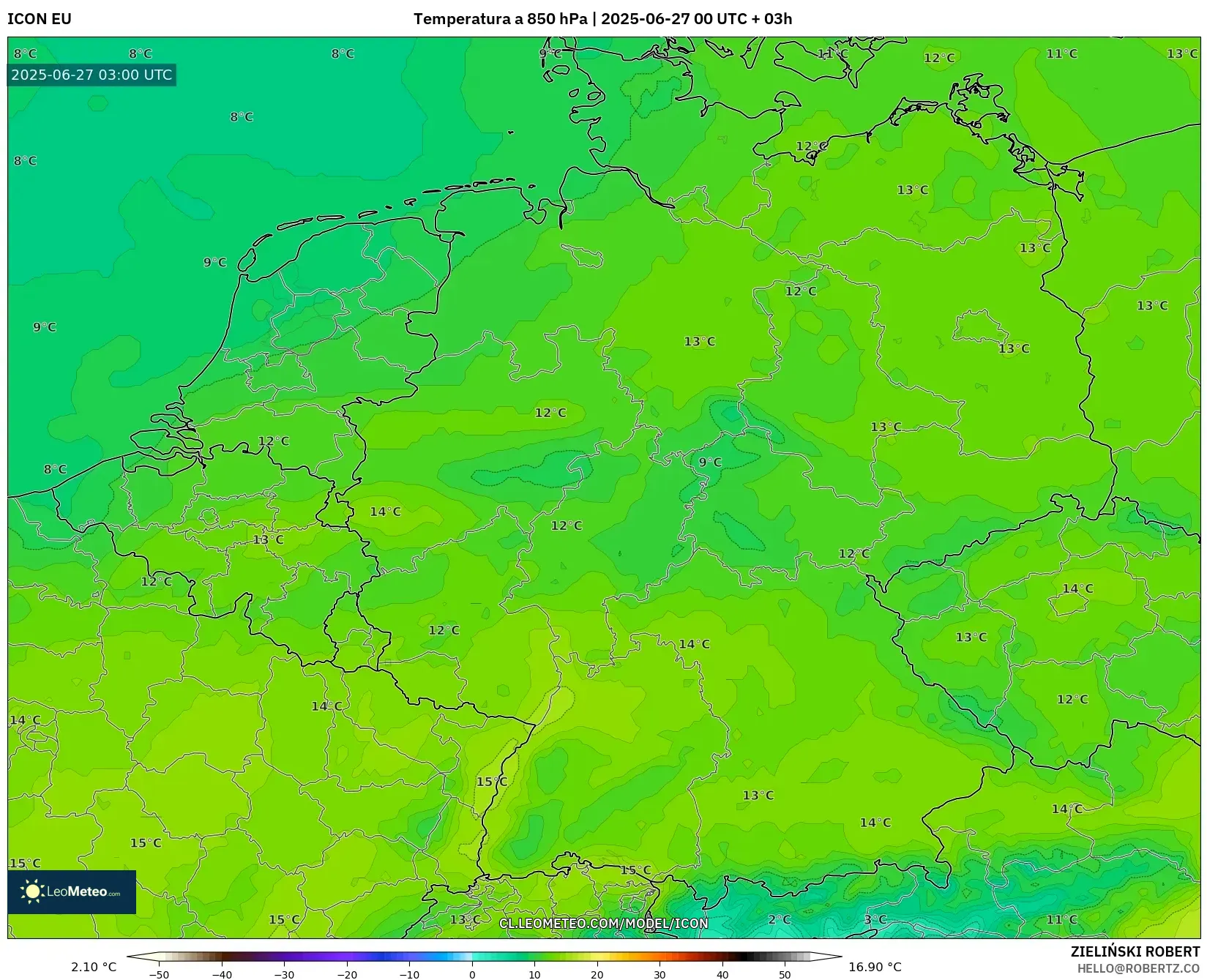 ICON model - Alemania, Temperatura a 850 hPa ICON model - Alemania, Temperatura a 850 hPa