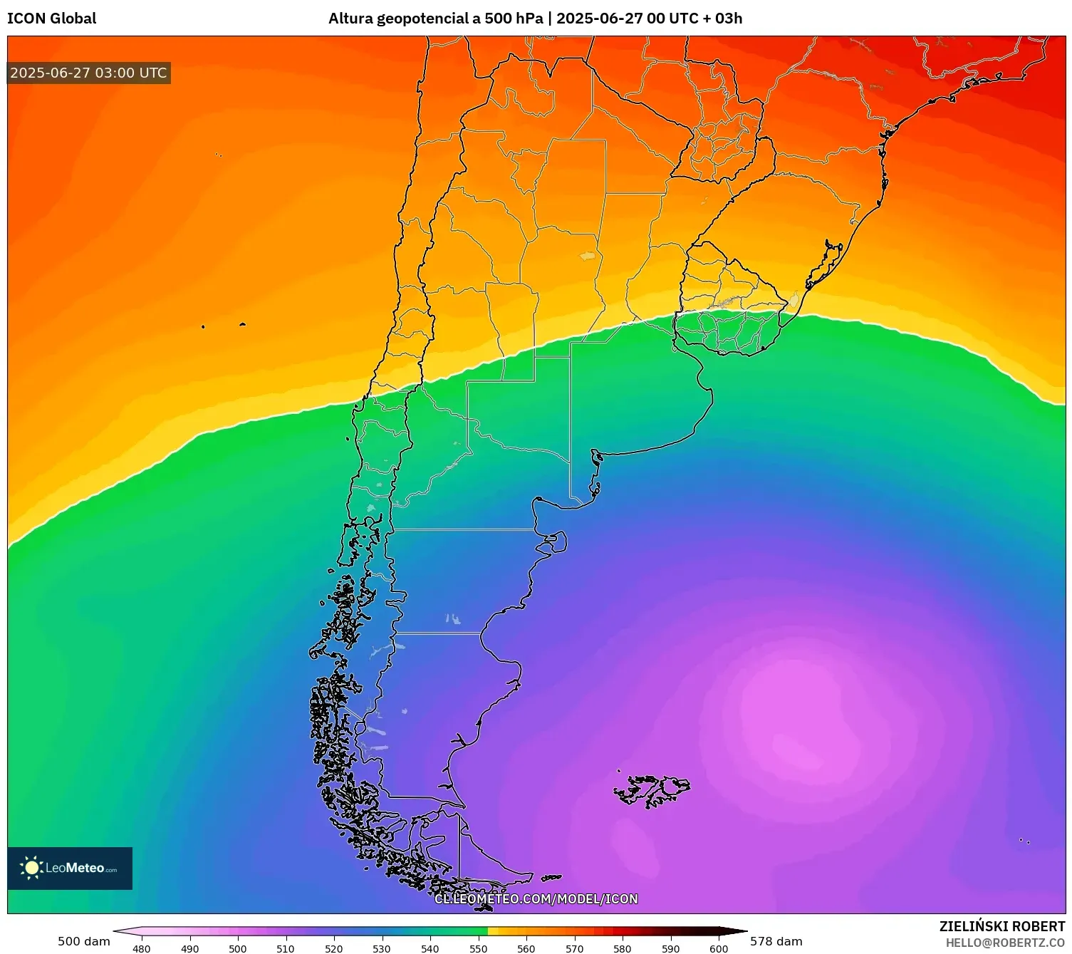 ICON model - Argentina, Altura geopotencial a 500 hPa ICON model - Argentina, Altura geopotencial a 500 hPa