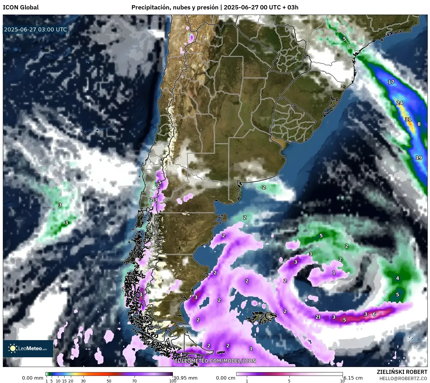 ICON model - Argentina, Precipitación, nubes y presión ICON model - Argentina, Precipitación, nubes y presión