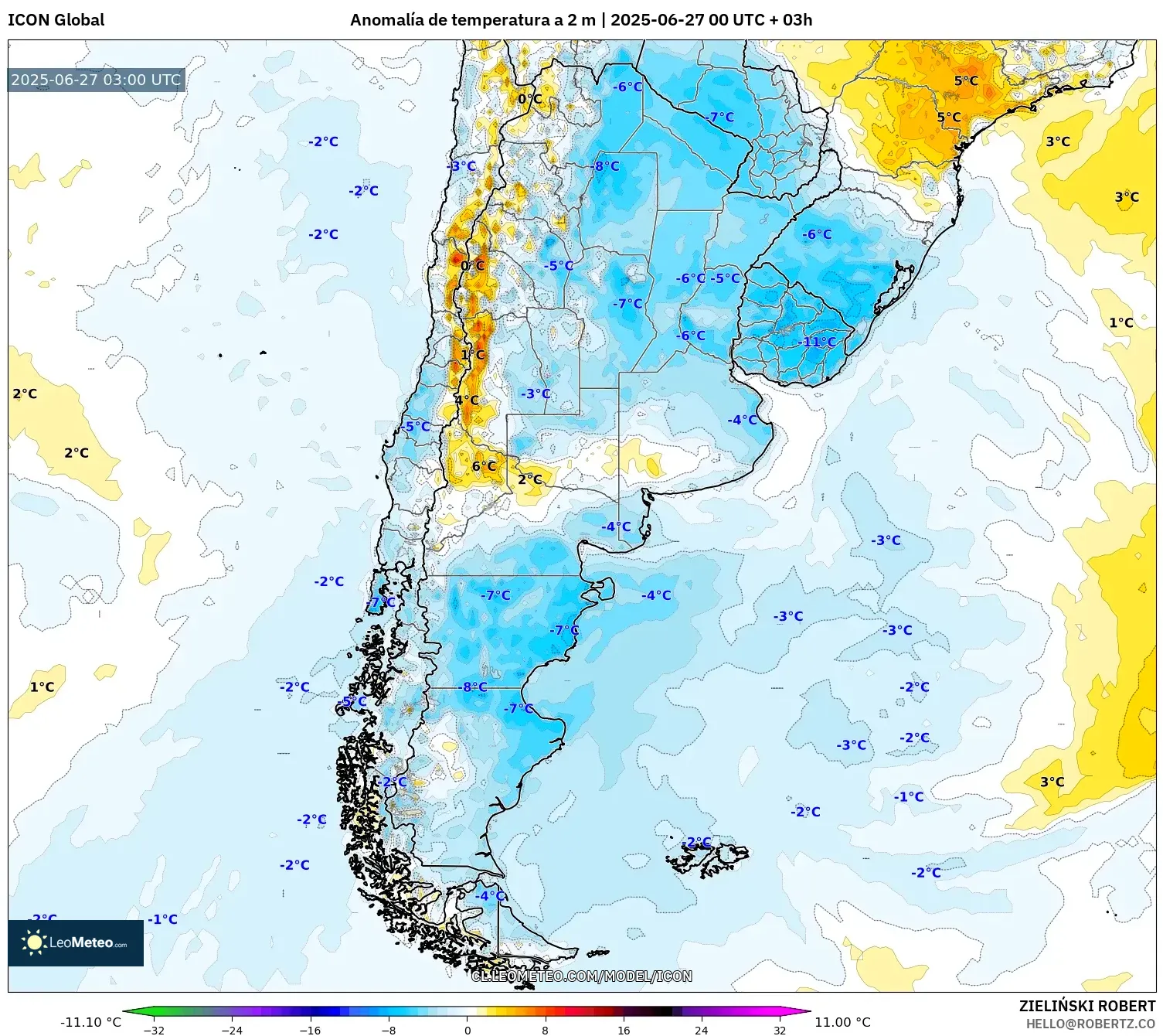 ICON model - Argentina, Anomalía de temperatura a 2 m ICON model - Argentina, Anomalía de temperatura a 2 m