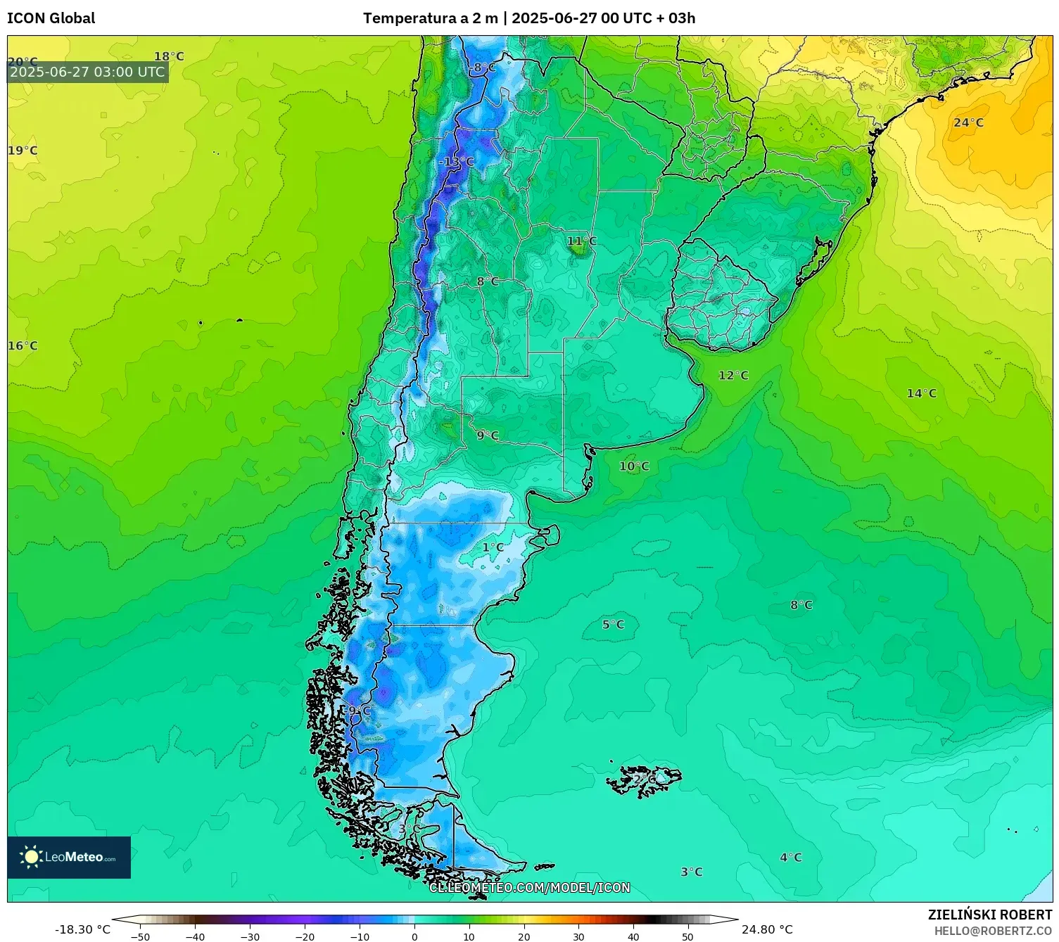 ICON model - Argentina, Temperatura a 2 m ICON model - Argentina, Temperatura a 2 m