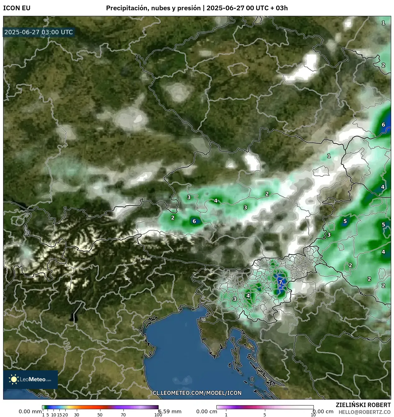 ICON model - Austria, Precipitación, nubes y presión ICON model - Austria, Precipitación, nubes y presión