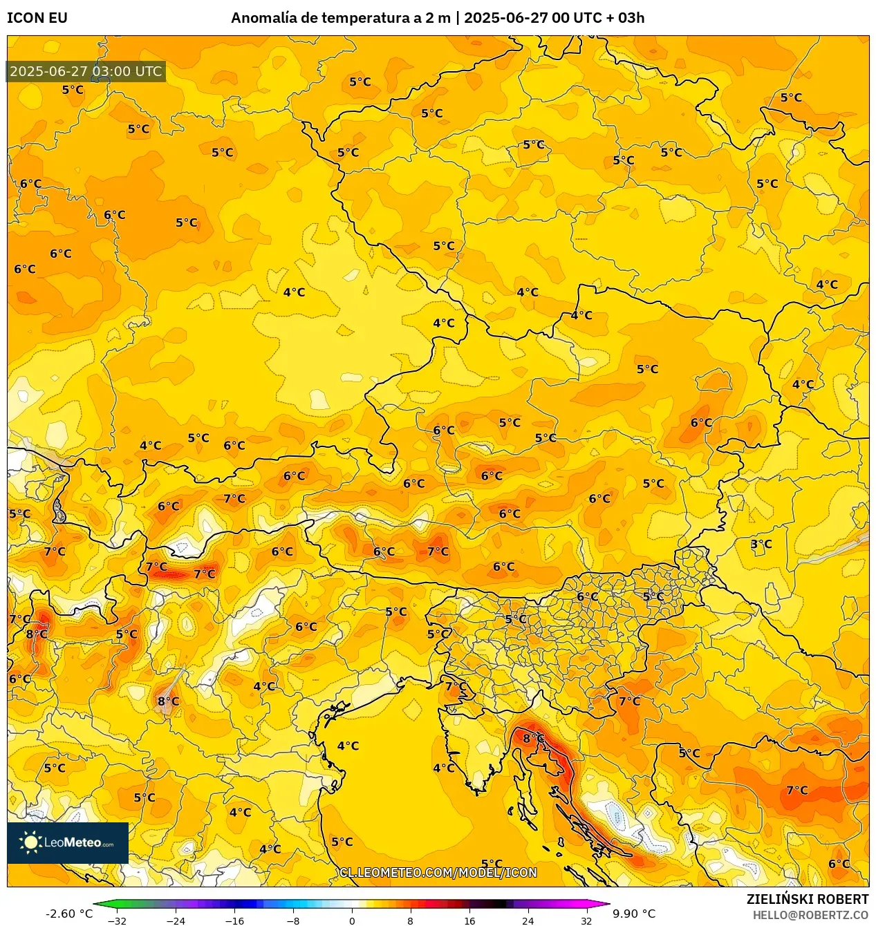 ICON model - Austria, Anomalía de temperatura a 2 m ICON model - Austria, Anomalía de temperatura a 2 m