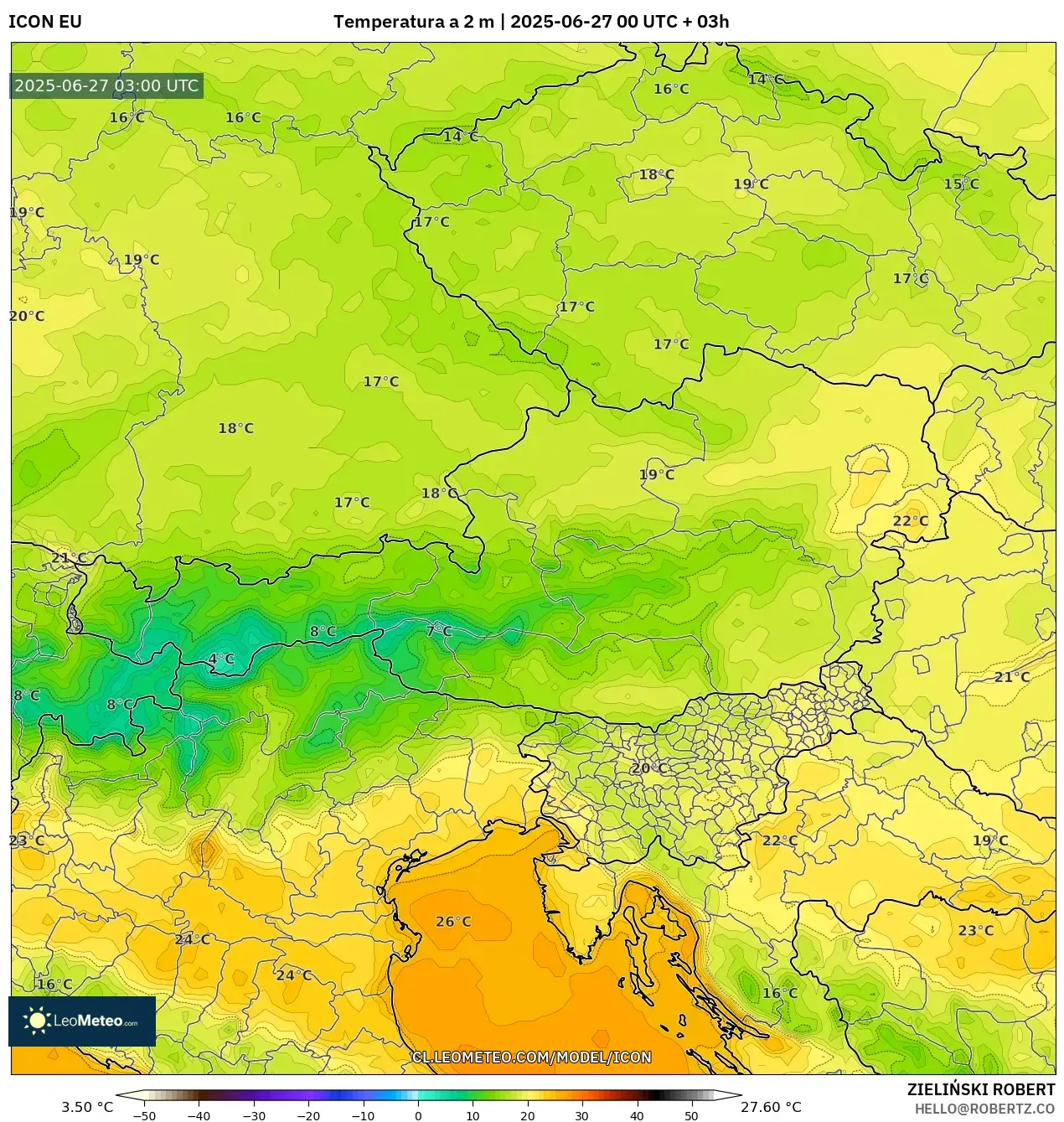 ICON model - Austria, Temperatura a 2 m ICON model - Austria, Temperatura a 2 m