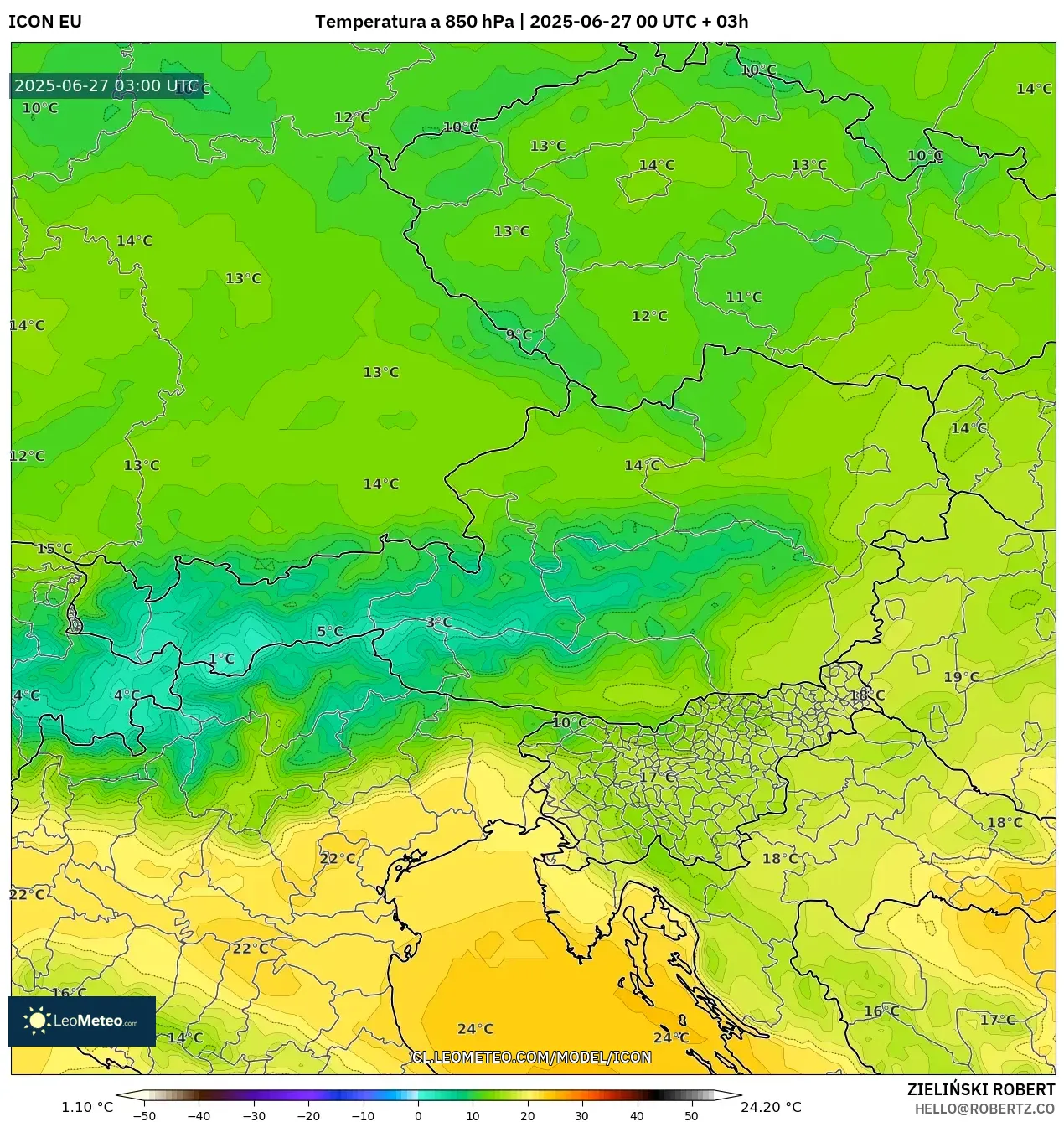 ICON model - Austria, Temperatura a 850 hPa ICON model - Austria, Temperatura a 850 hPa