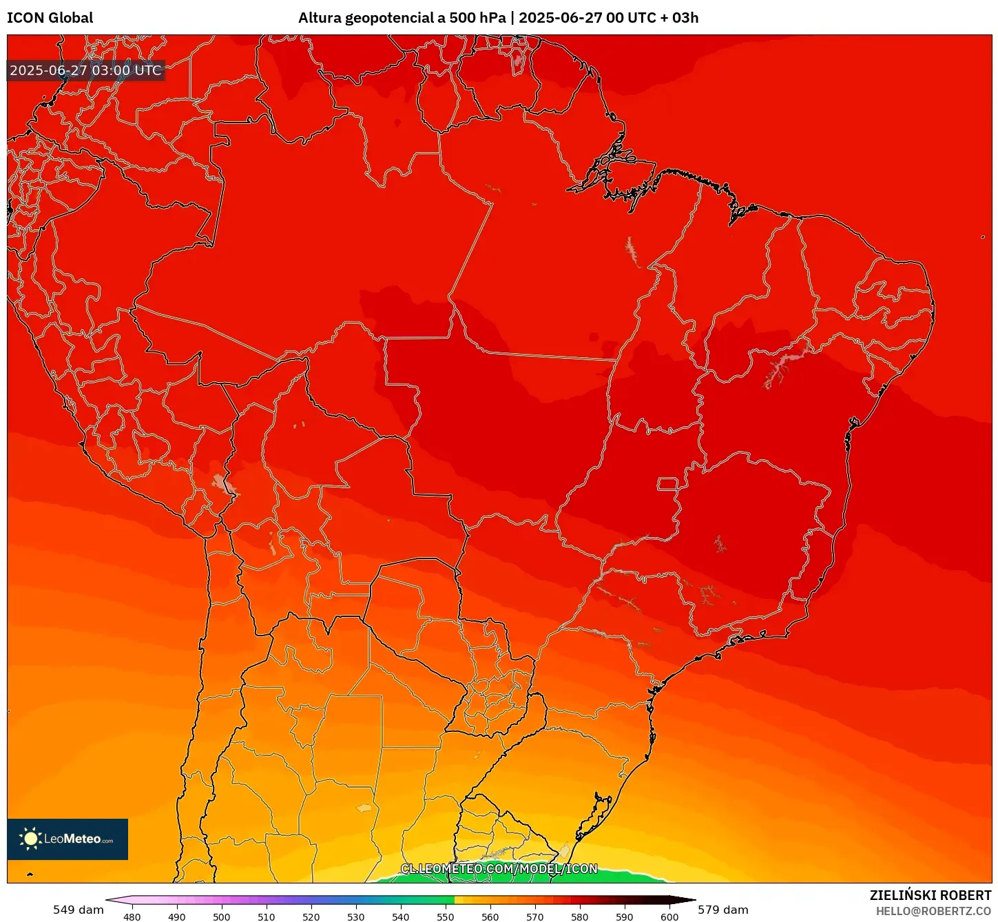 ICON model - Brasil, Altura geopotencial a 500 hPa ICON model - Brasil, Altura geopotencial a 500 hPa
