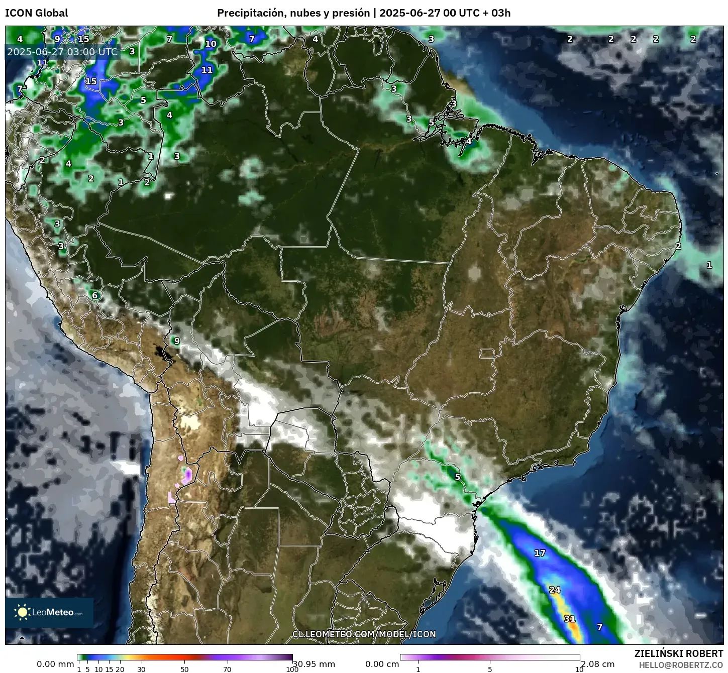ICON model - Brasil, Precipitación, nubes y presión ICON model - Brasil, Precipitación, nubes y presión