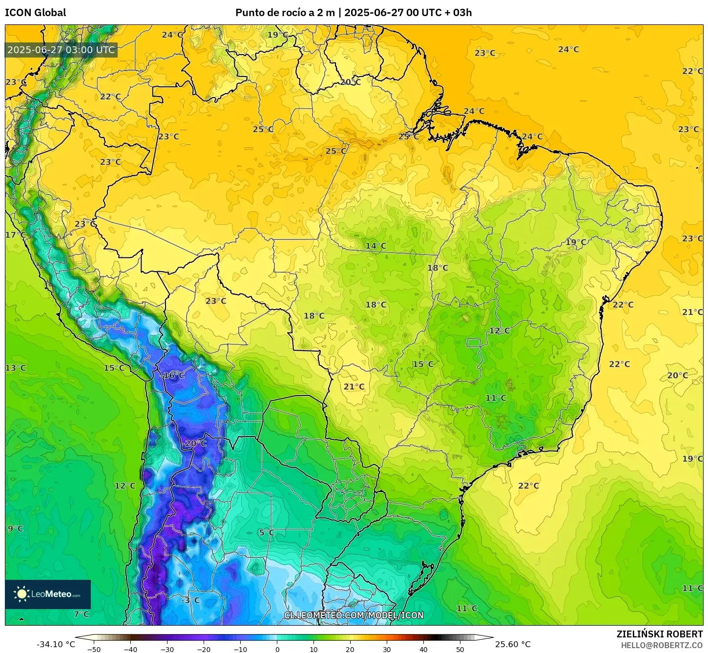 ICON model - Brasil, Punto de rocío a 2 m ICON model - Brasil, Punto de rocío a 2 m