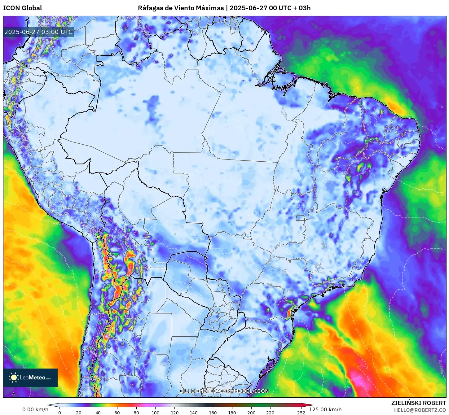 ICON model - Brasil, Ráfagas de Viento Máximas ICON model - Brasil, Ráfagas de Viento Máximas