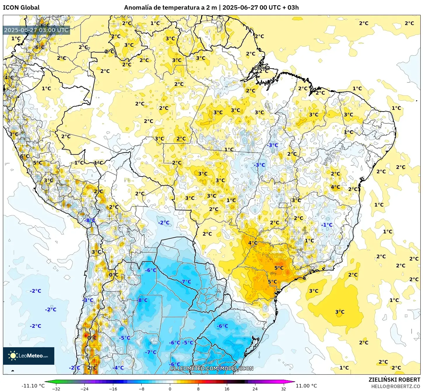 ICON model - Brasil, Anomalía de temperatura a 2 m ICON model - Brasil, Anomalía de temperatura a 2 m