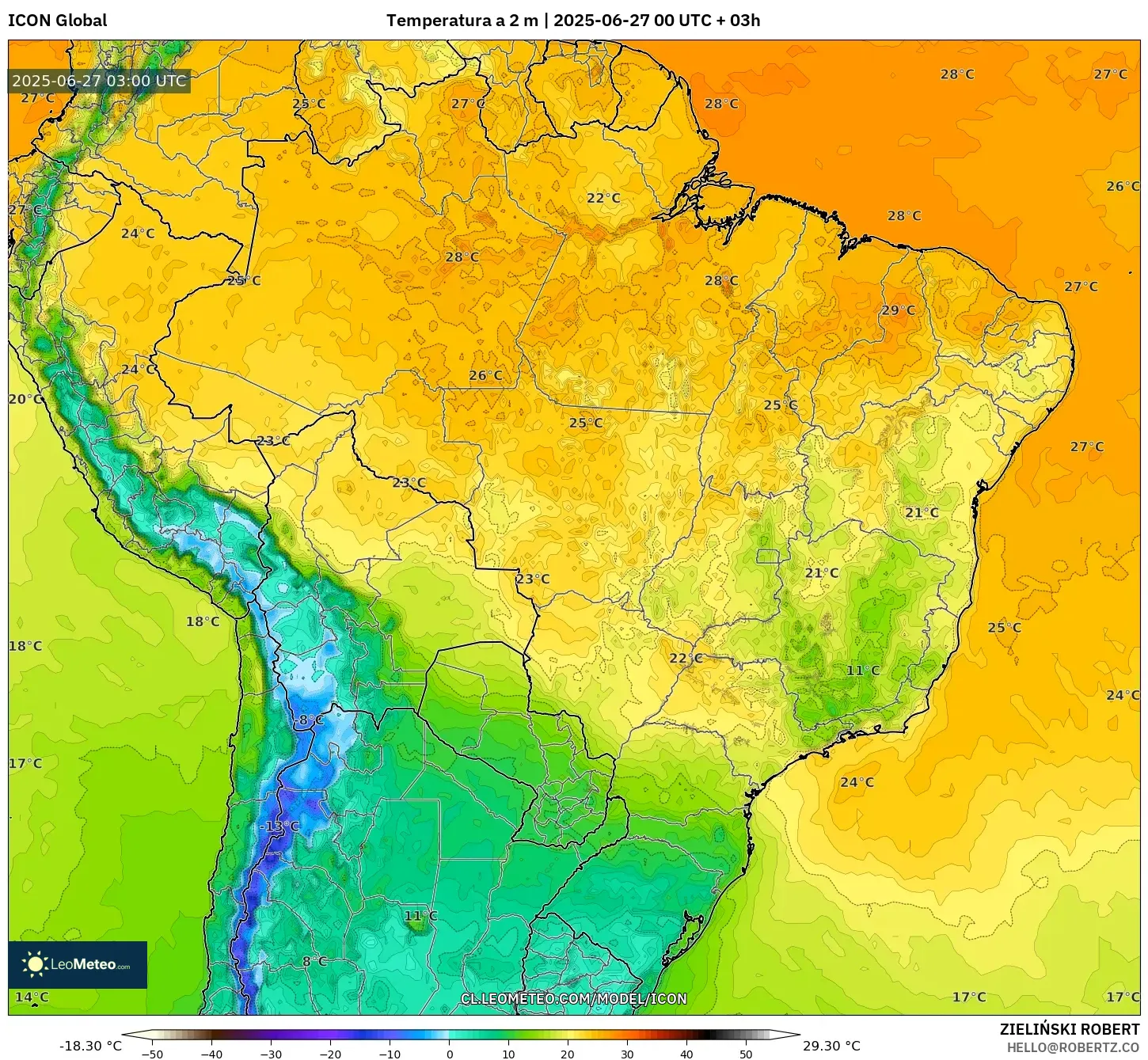 ICON model - Brasil, Temperatura a 2 m ICON model - Brasil, Temperatura a 2 m