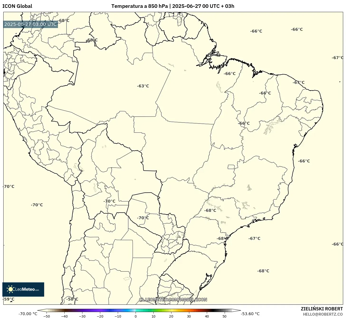 ICON model - Brasil, Temperatura a 850 hPa ICON model - Brasil, Temperatura a 850 hPa