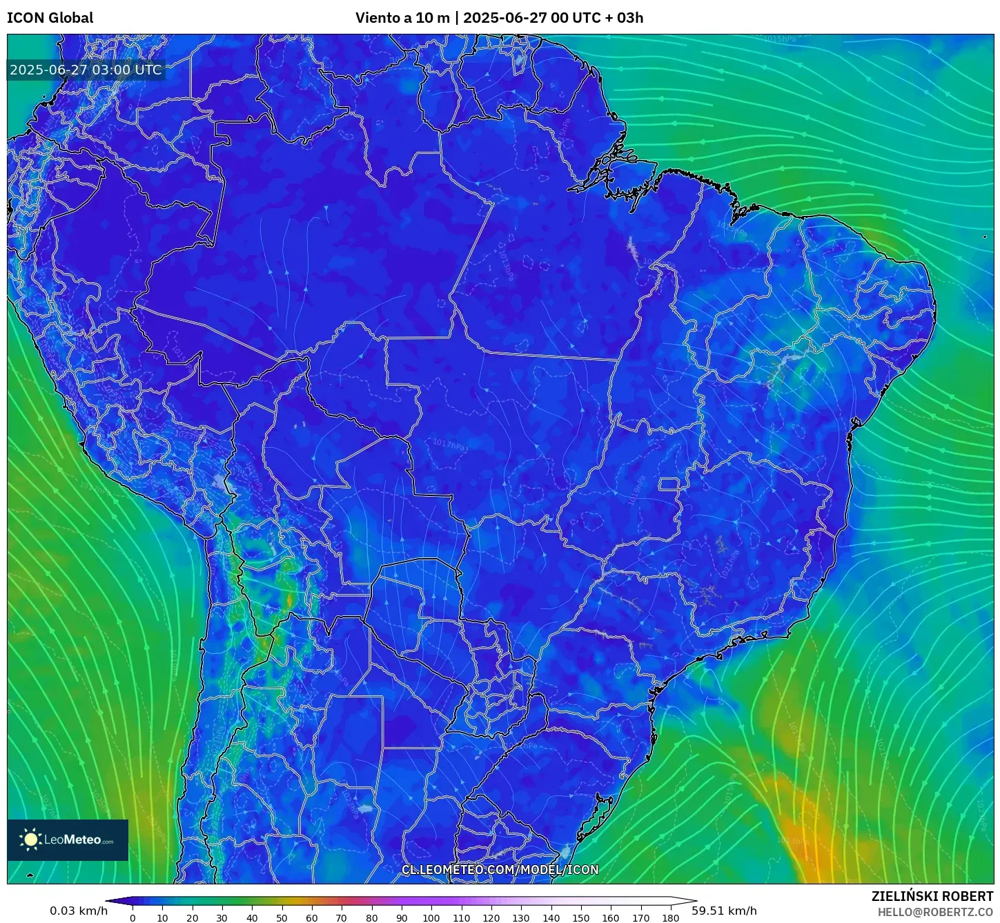 ICON model - Brasil, Viento a 10 m ICON model - Brasil, Viento a 10 m