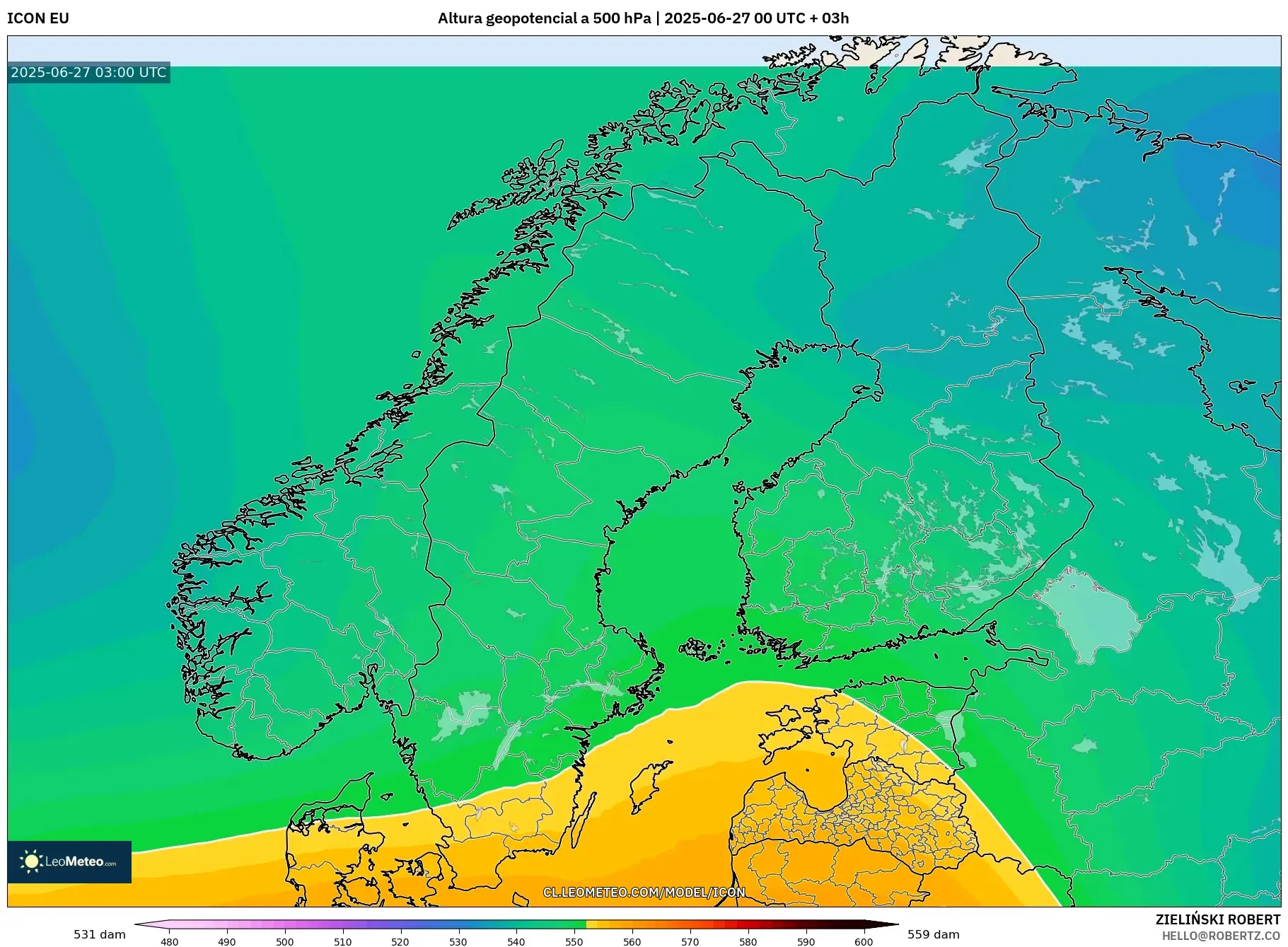 ICON model - Escandinavia, Altura geopotencial a 500 hPa ICON model - Escandinavia, Altura geopotencial a 500 hPa