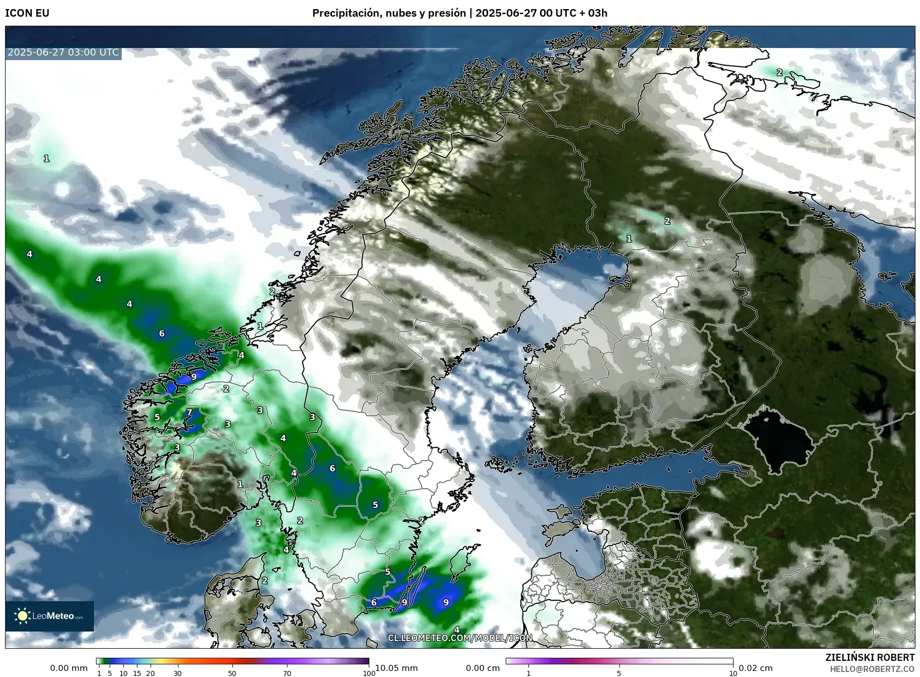 ICON model - Escandinavia, Precipitación, nubes y presión ICON model - Escandinavia, Precipitación, nubes y presión