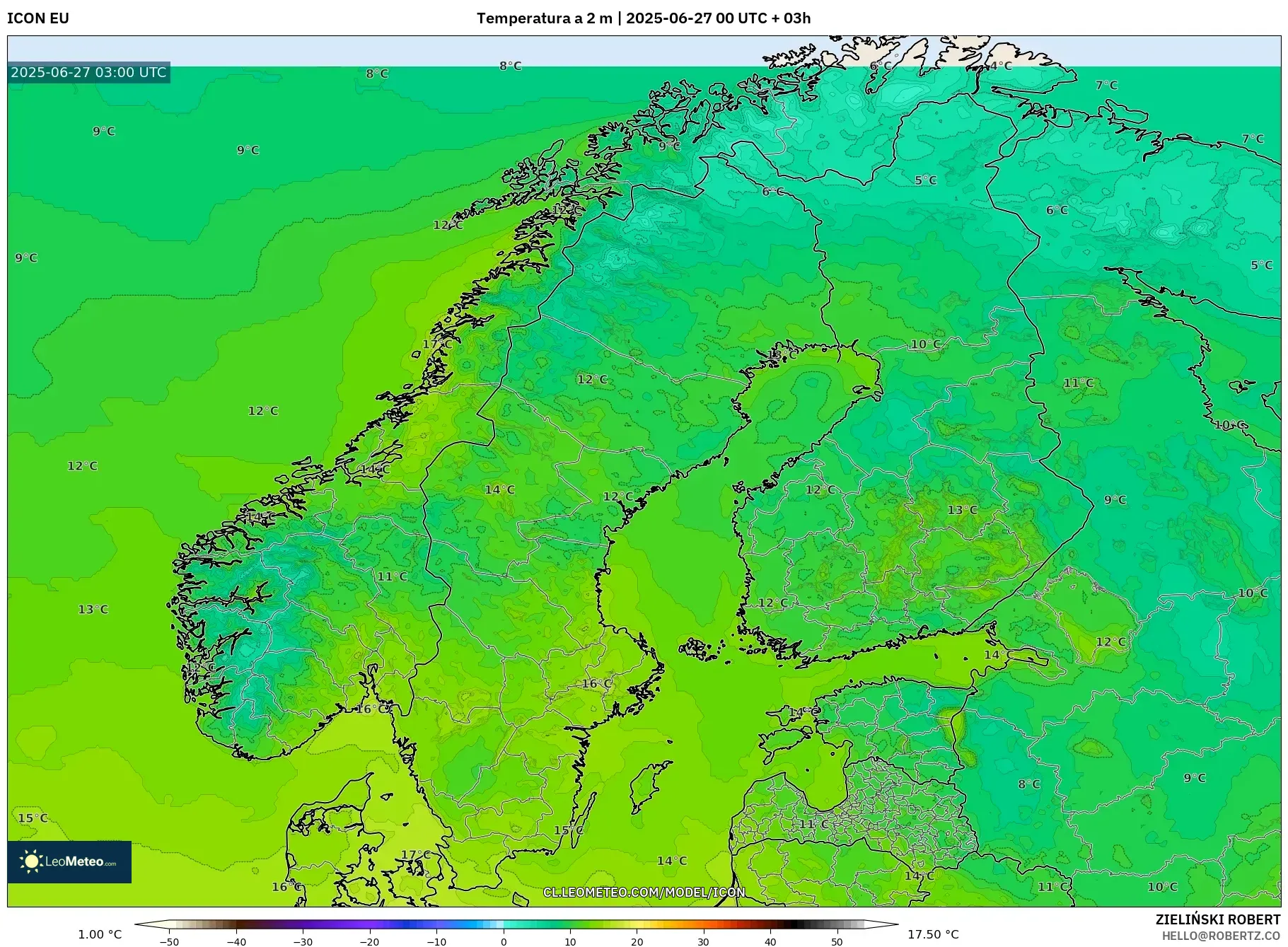 ICON model - Escandinavia, Temperatura a 2 m ICON model - Escandinavia, Temperatura a 2 m