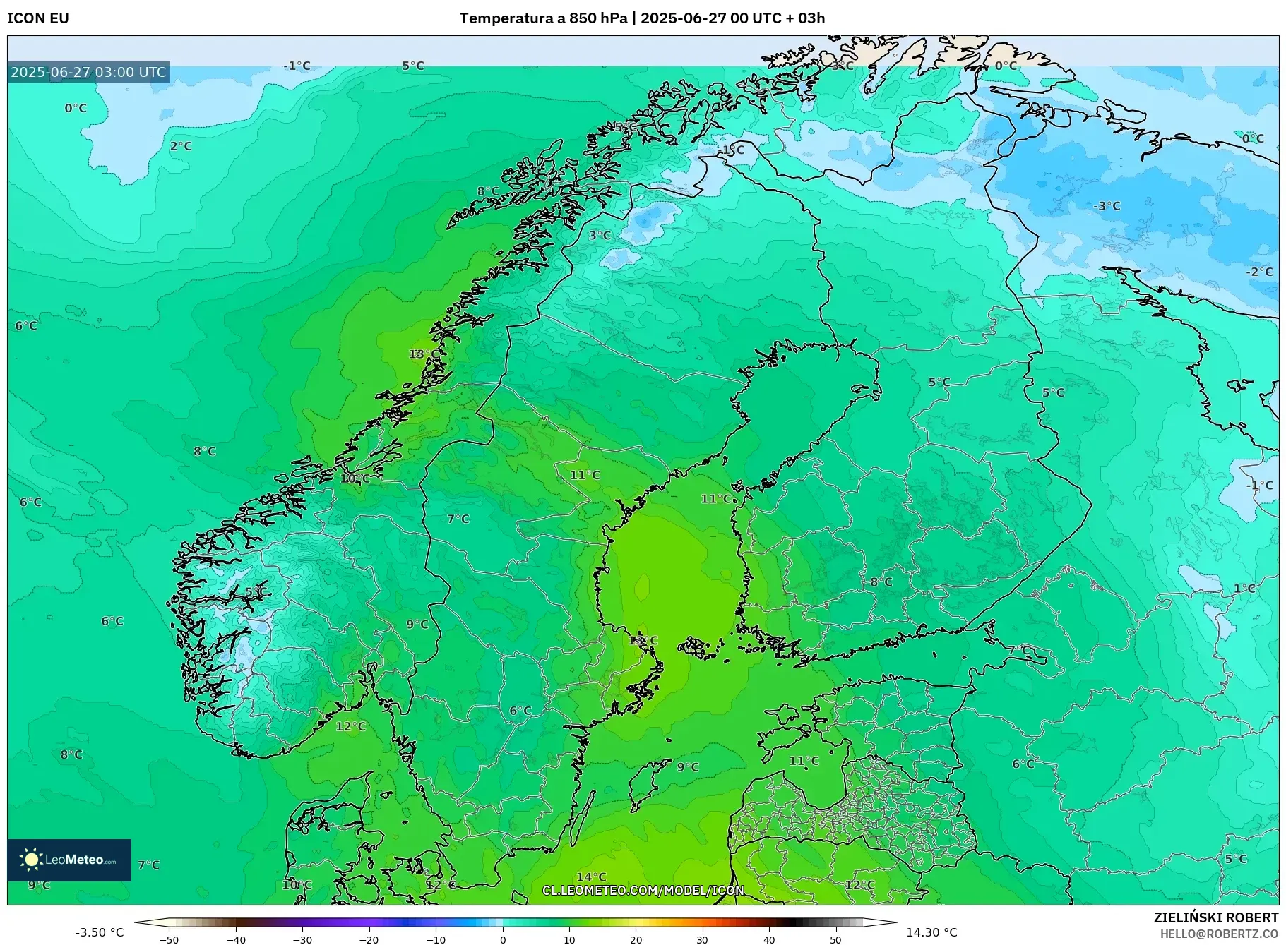 ICON model - Escandinavia, Temperatura a 850 hPa ICON model - Escandinavia, Temperatura a 850 hPa