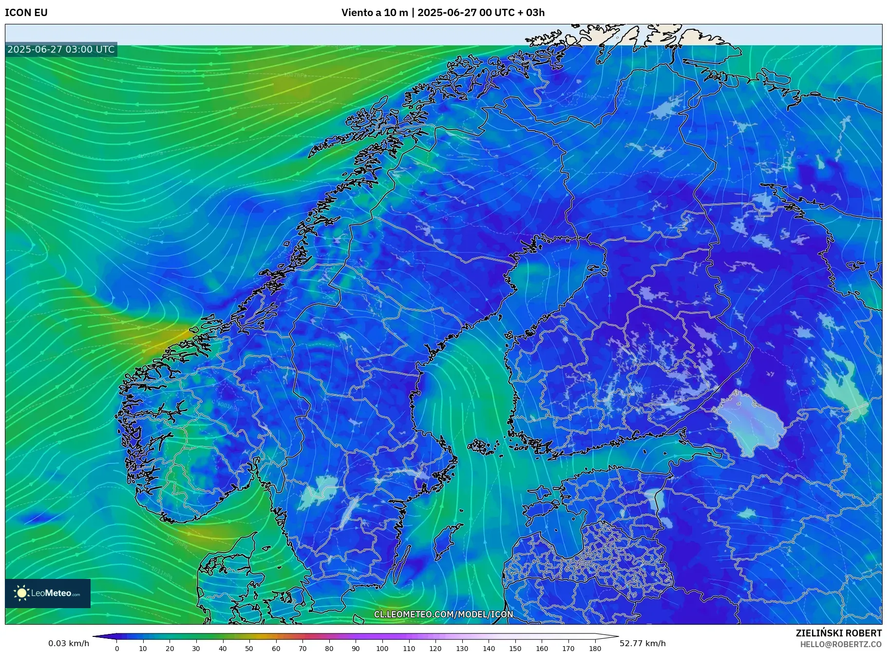 ICON model - Escandinavia, Viento a 10 m ICON model - Escandinavia, Viento a 10 m