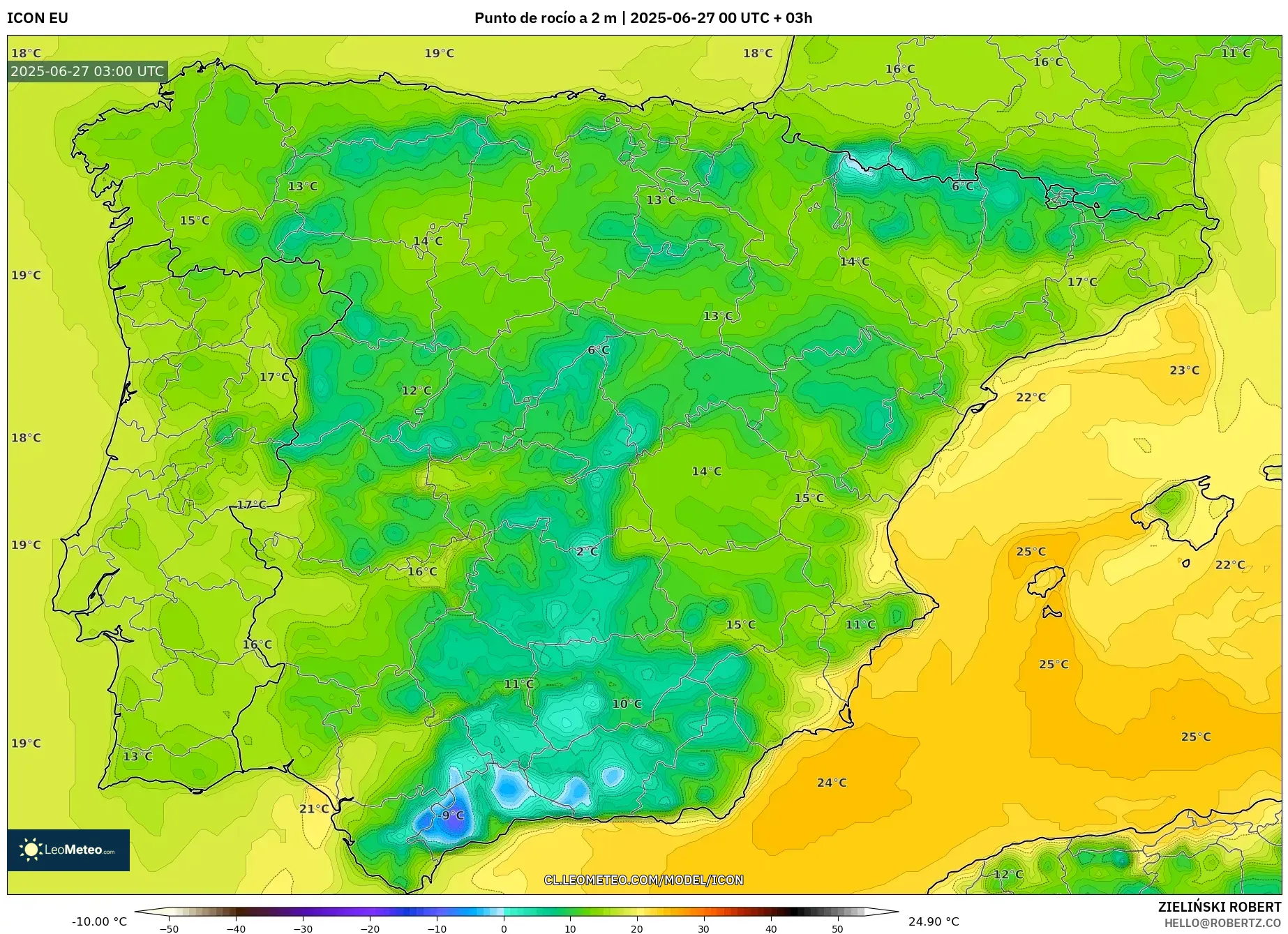 ICON model - España, Punto de rocío a 2 m ICON model - España, Punto de rocío a 2 m