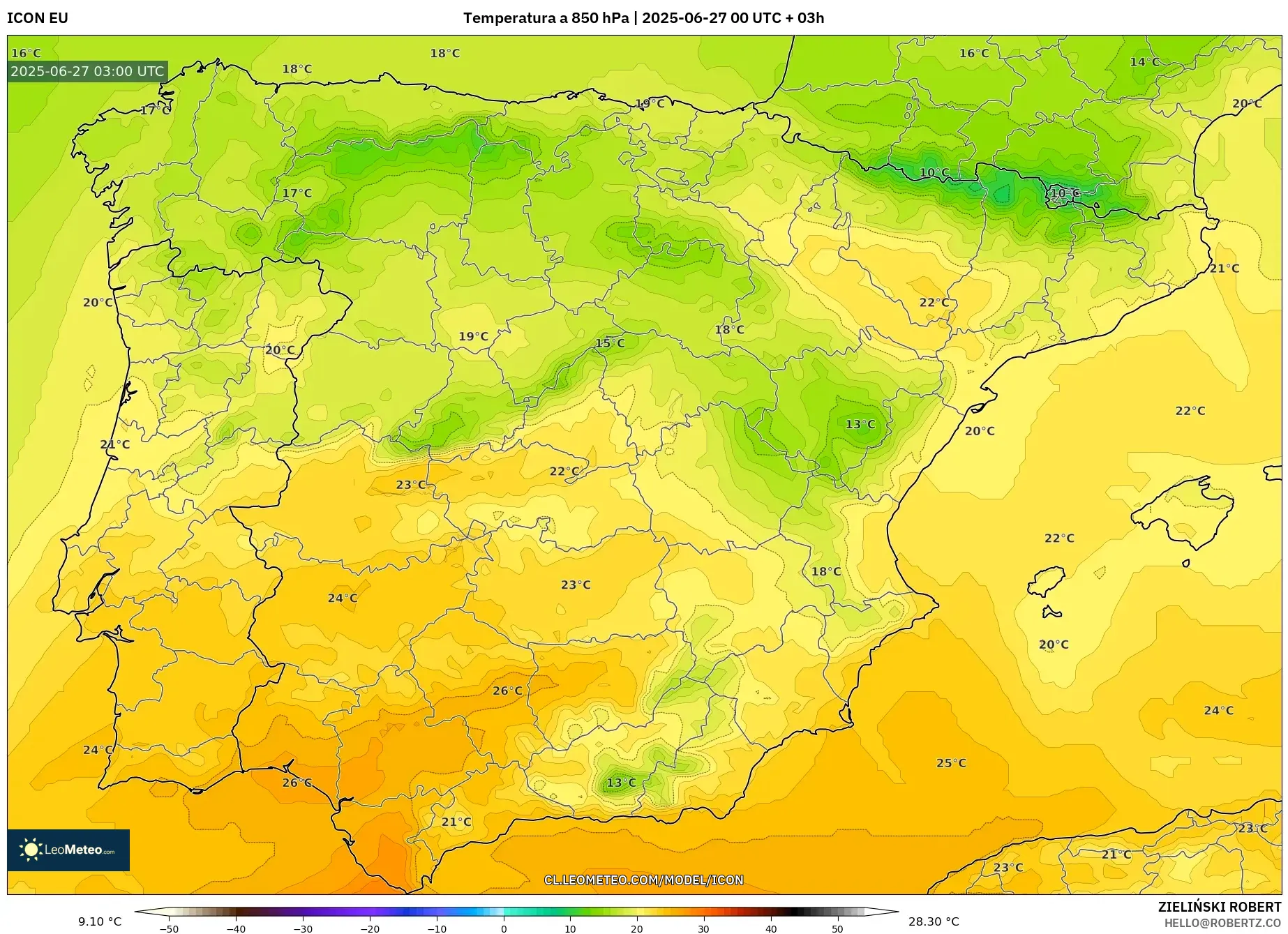 ICON model - España, Temperatura a 850 hPa ICON model - España, Temperatura a 850 hPa
