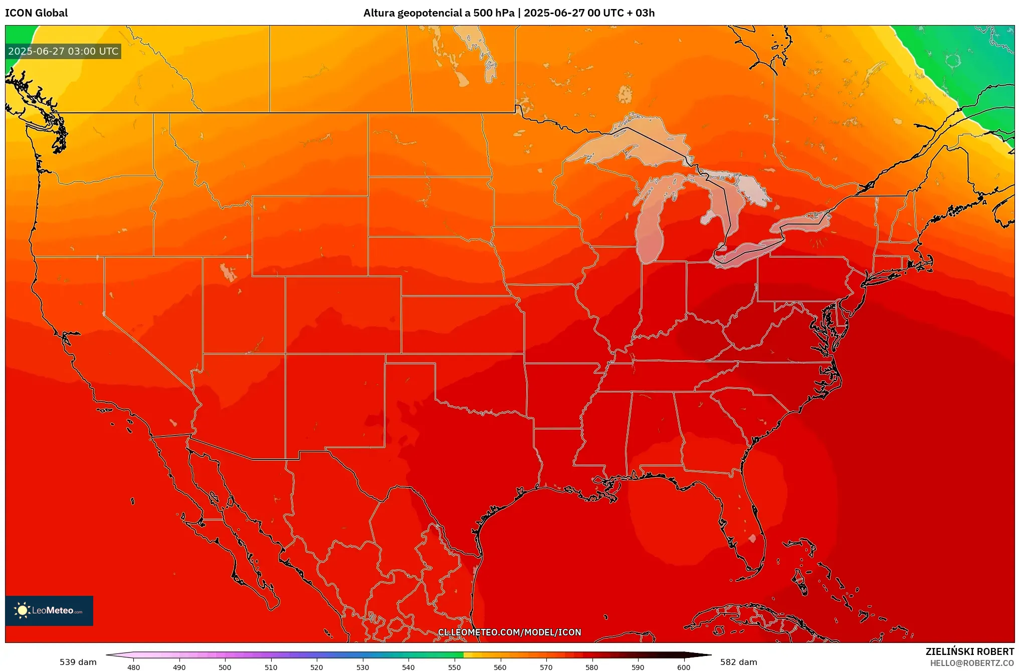 ICON model - Estados Unidos, Altura geopotencial a 500 hPa ICON model - Estados Unidos, Altura geopotencial a 500 hPa