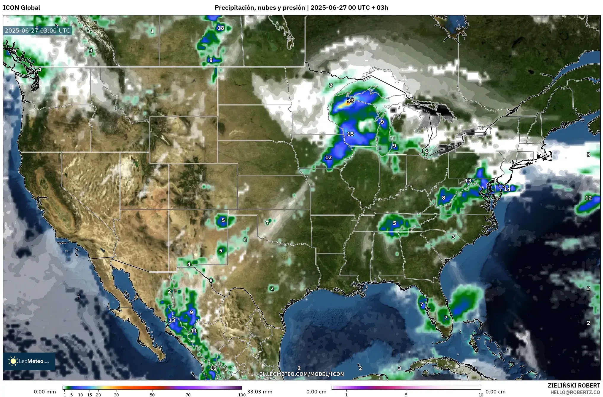 ICON model - Estados Unidos, Precipitación, nubes y presión ICON model - Estados Unidos, Precipitación, nubes y presión