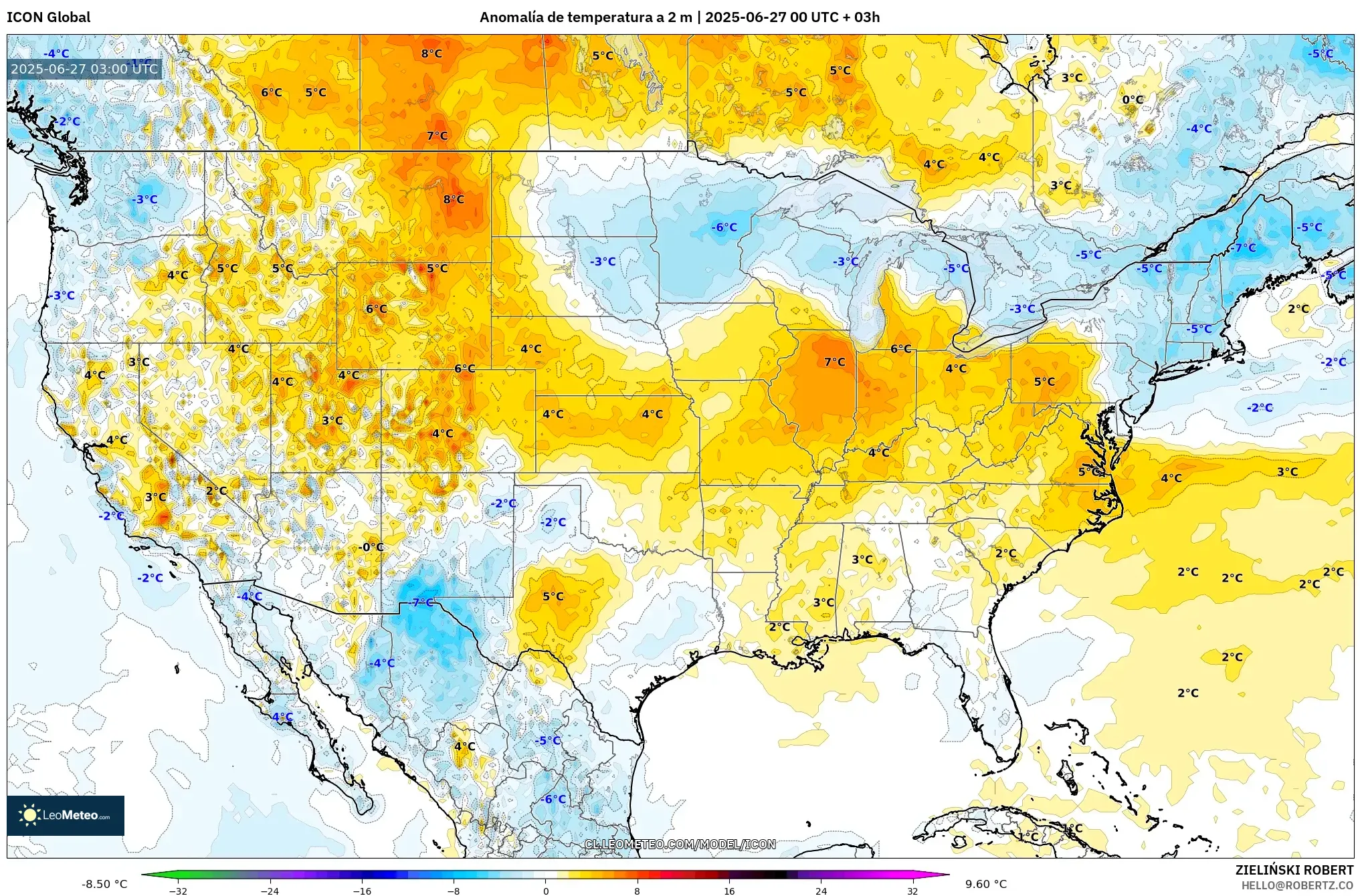 ICON model - Estados Unidos, Anomalía de temperatura a 2 m ICON model - Estados Unidos, Anomalía de temperatura a 2 m