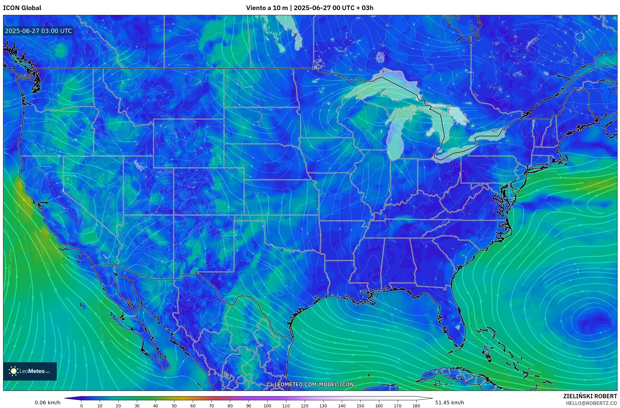 ICON model - Estados Unidos, Viento a 10 m ICON model - Estados Unidos, Viento a 10 m
