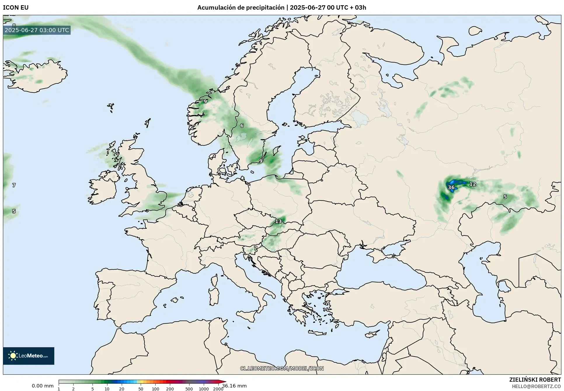 ICON model - Europa, Acumulación de precipitación ICON model - Europa, Acumulación de precipitación