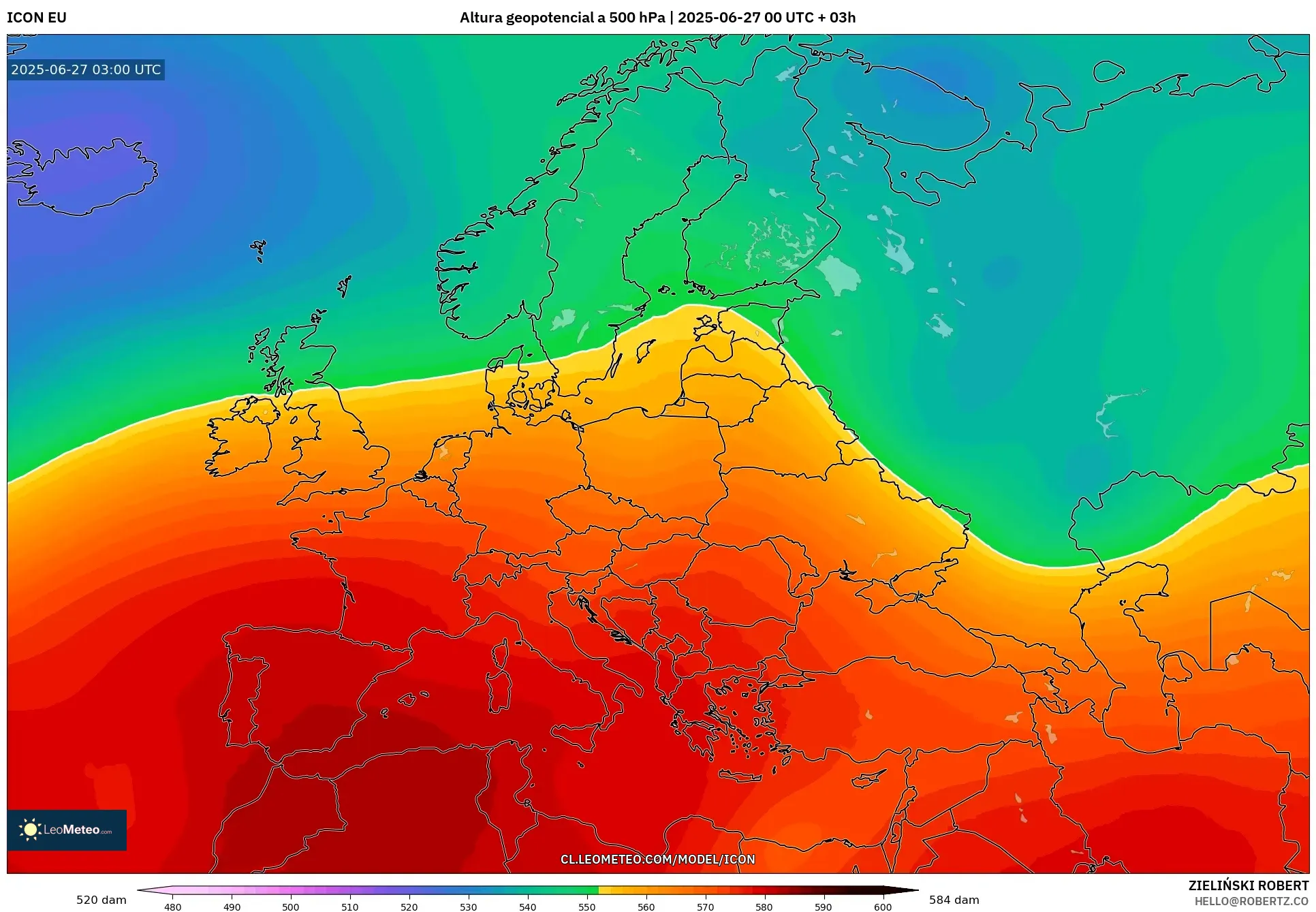ICON model - Europa, Altura geopotencial a 500 hPa ICON model - Europa, Altura geopotencial a 500 hPa