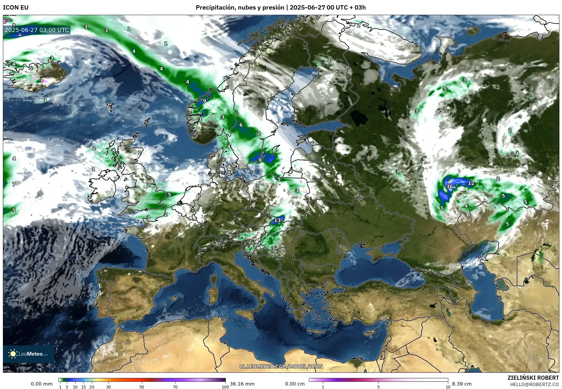 ICON model - Europa, Precipitación, nubes y presión ICON model - Europa, Precipitación, nubes y presión
